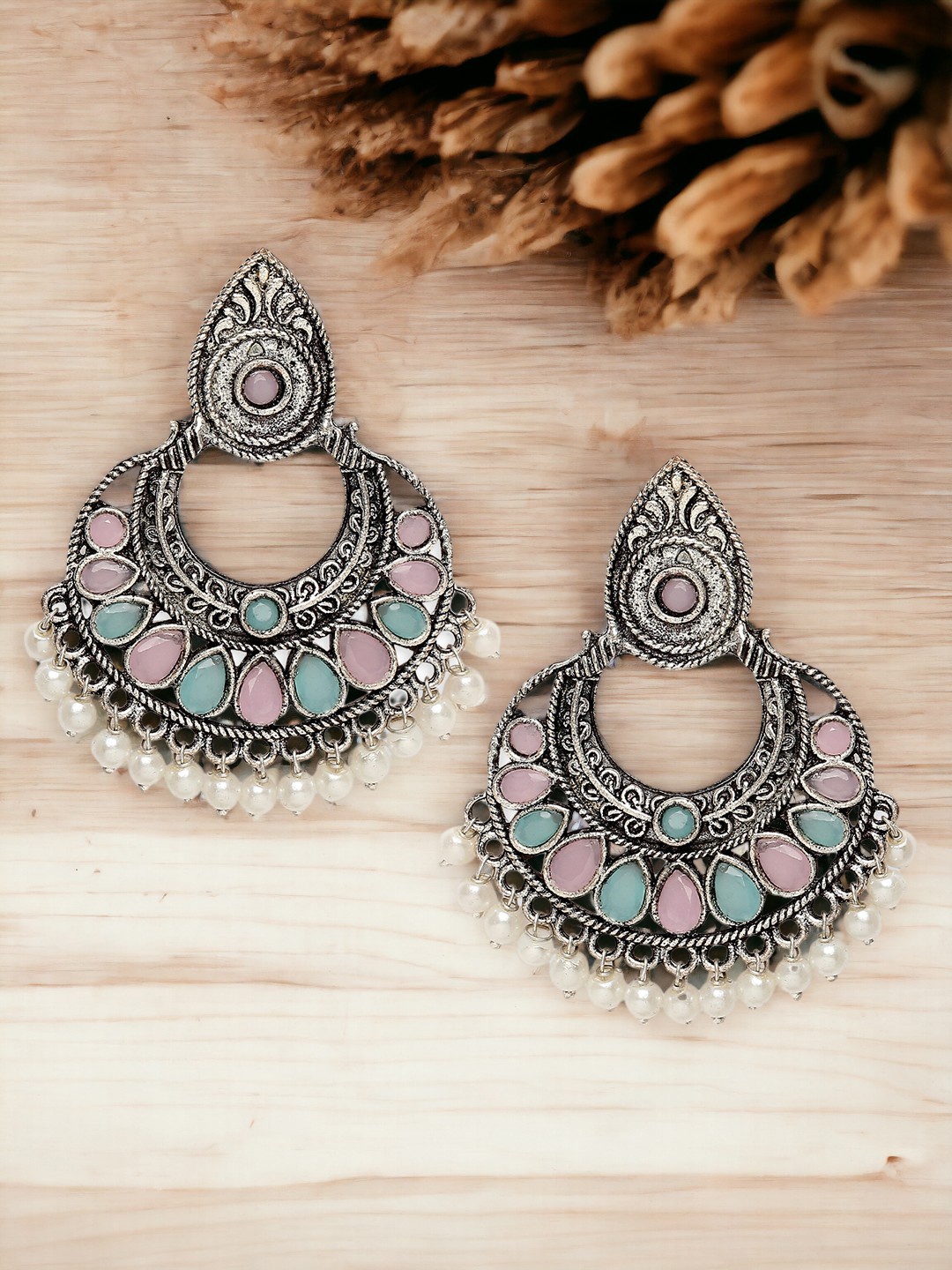 

Sangria Silver-Toned Stones Studded Contemporary Oxidised Drop Earrings