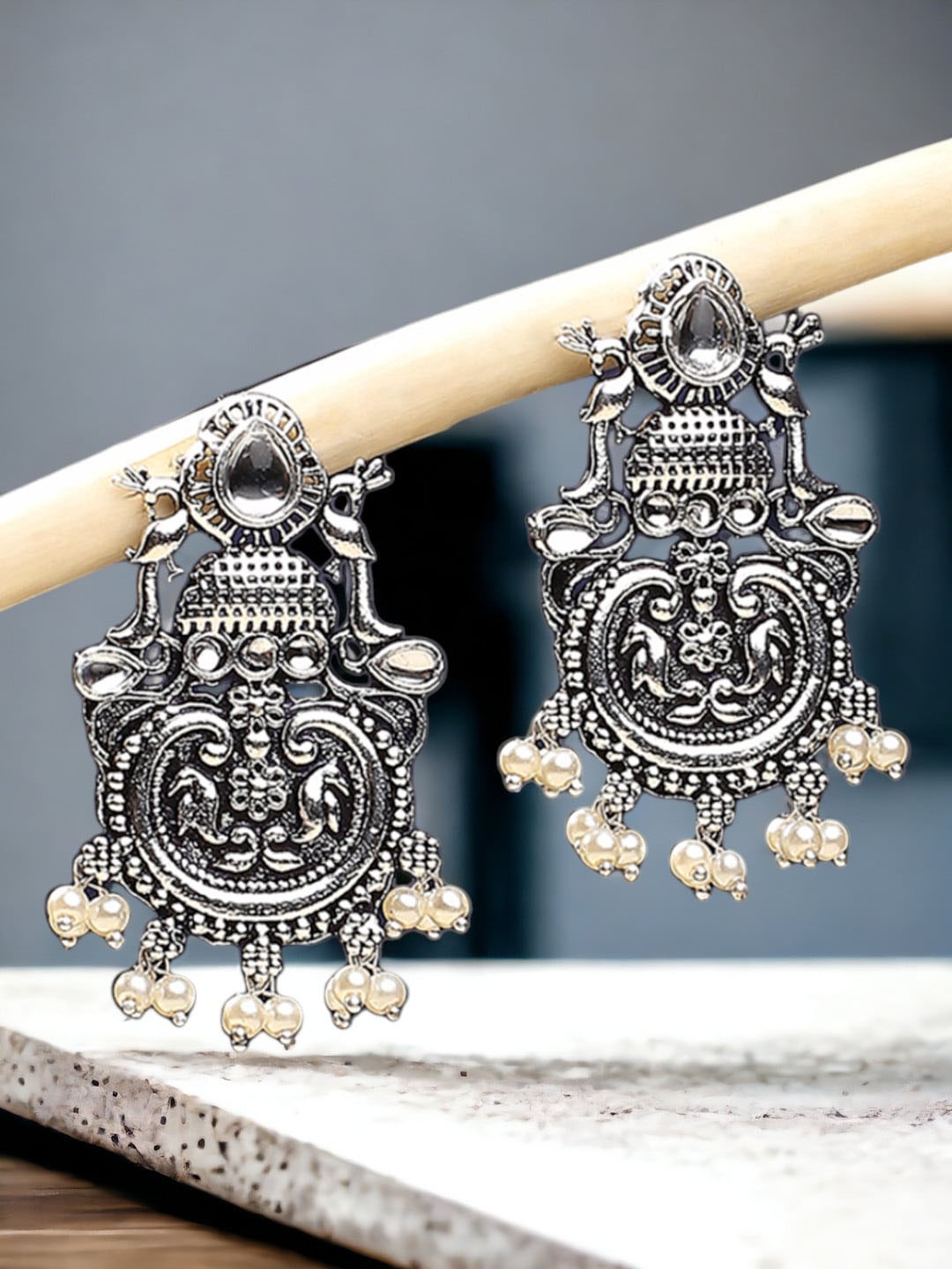 

Sangria Silver-Toned Beaded Contemporary Oxidised Drop Earrings