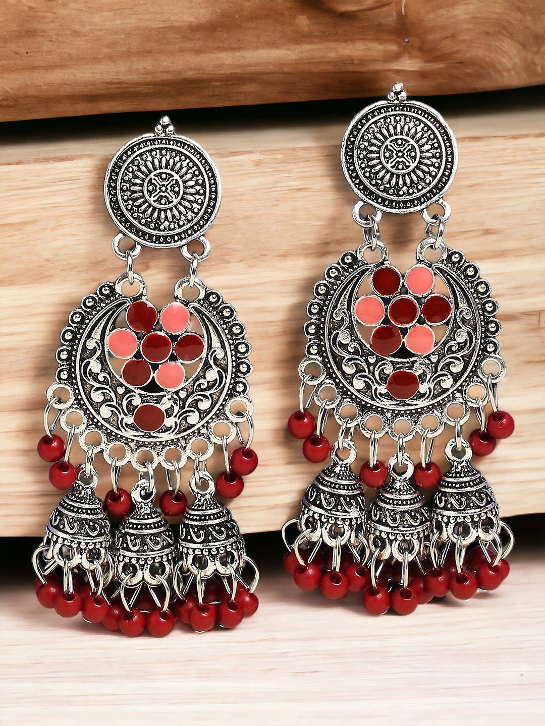 

Sangria Silver-Toned Stones Studded Contemporary Oxidised Drop Earrings