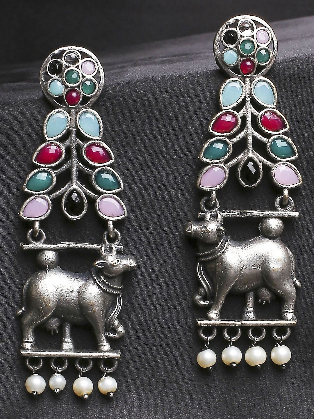 

Sangria Silver-Toned Stones Studded Animal Shaped Oxidised Drop Earrings