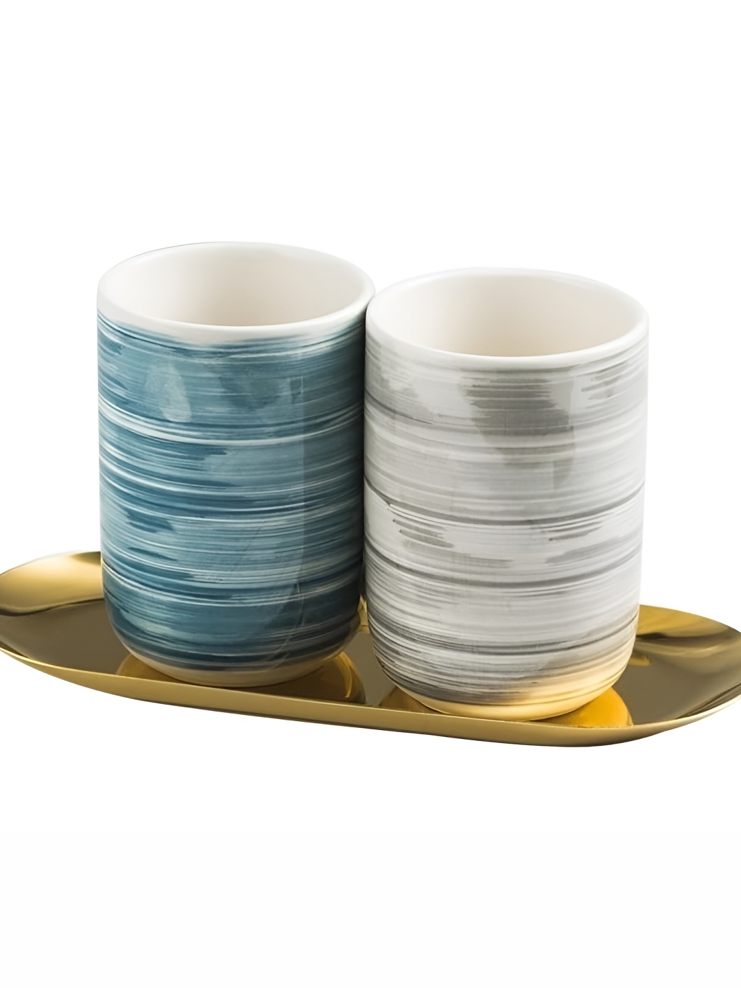 

UMAI Blue & Grey 2 Pieces Contemporary Matte Finish Ceramic Toothbrush Holders With Tray