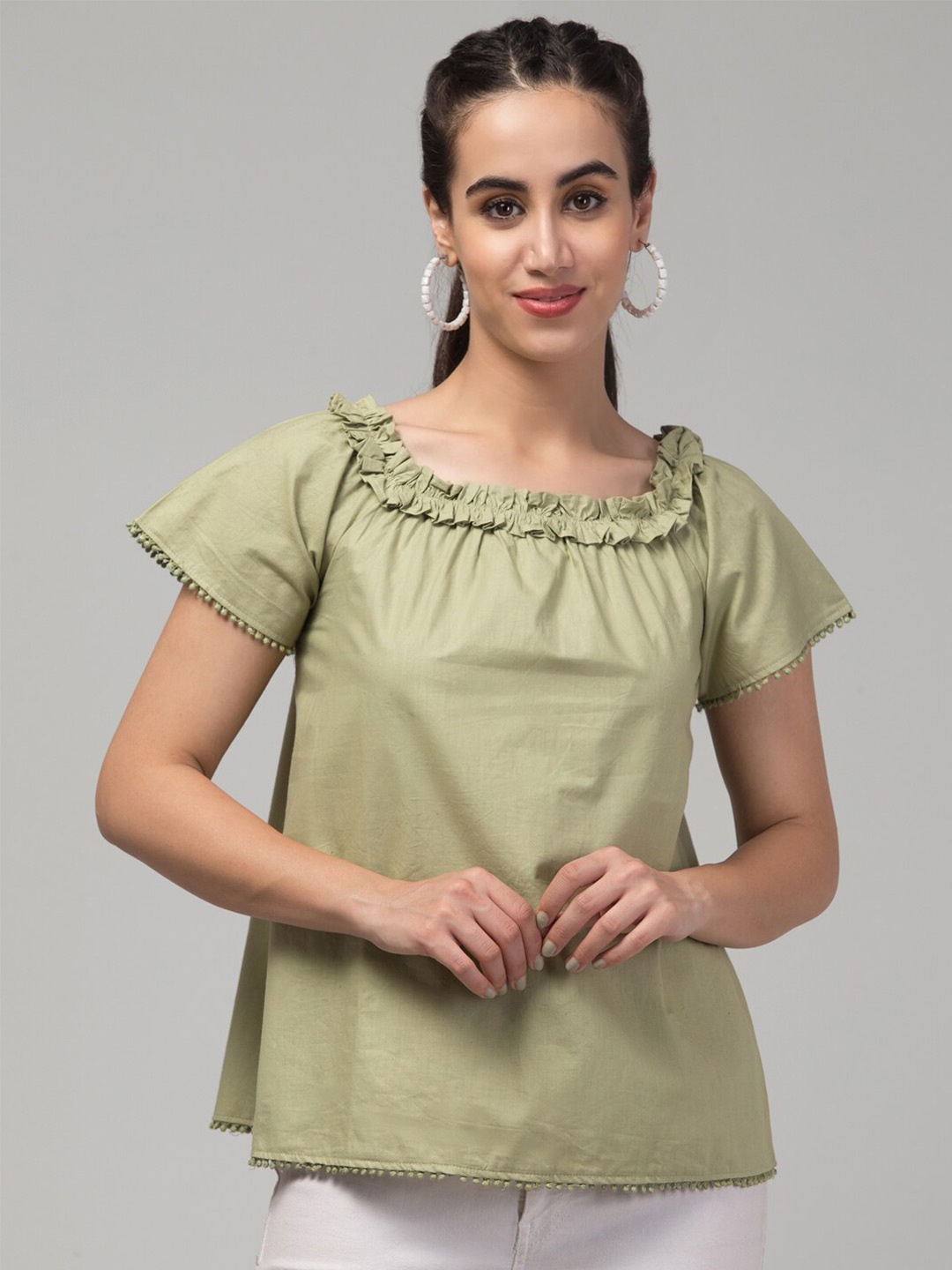 

J Style Square Neck Pure Cotton Top, Olive