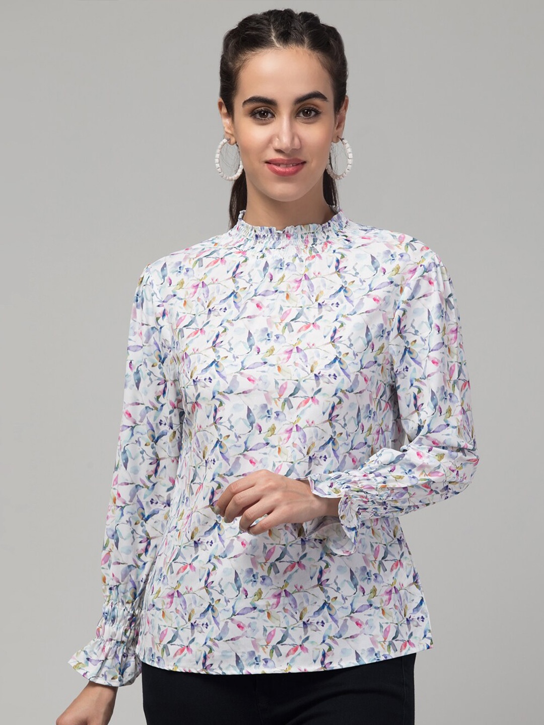 

J Style Print Bell Sleeve Crepe Top, White