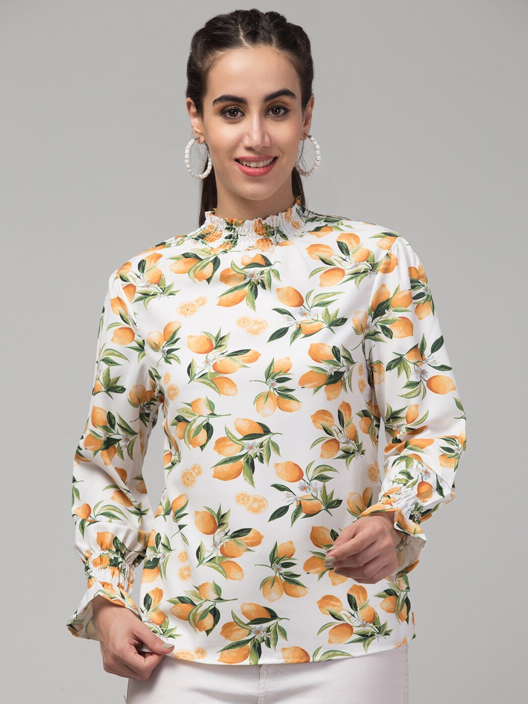 

J Style Tropical Print Crepe Blouson Top, Yellow