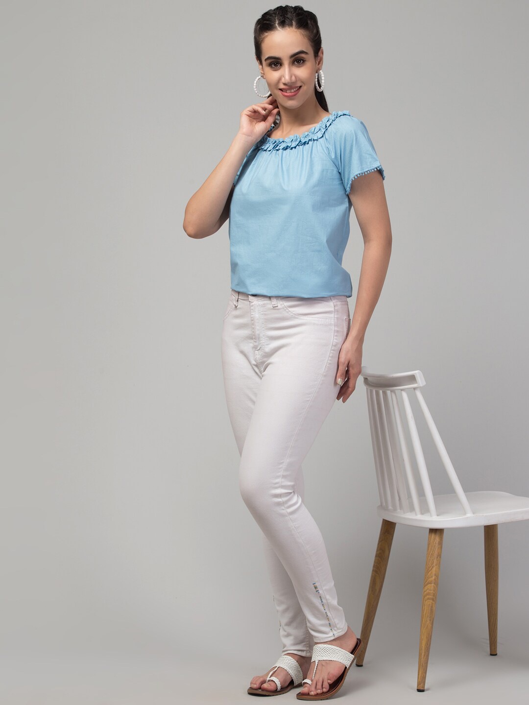 

J Style Square Neck Pure Cotton Top, Blue