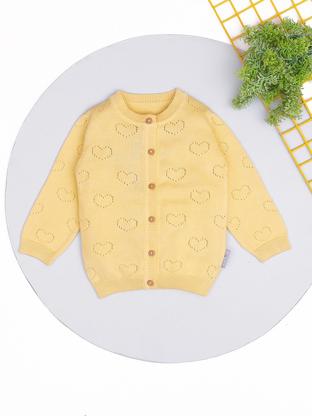 

MiArcus Kids Self Design Round Neck Knitted Cotton Cardigan, Yellow