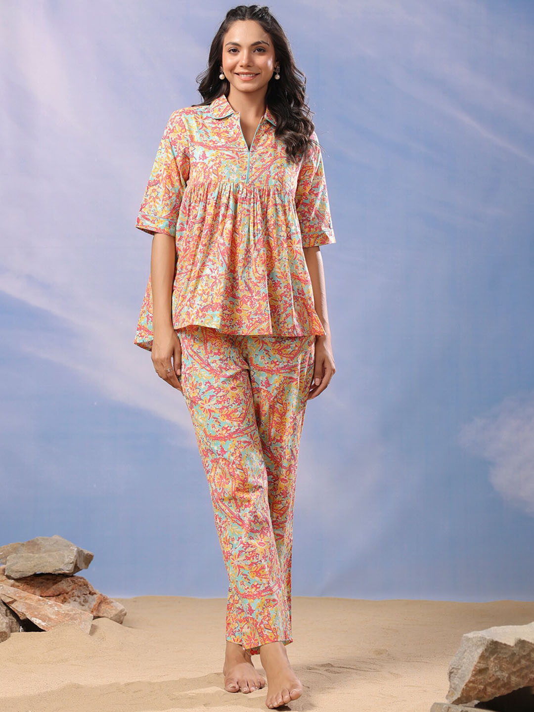 

JISORA Printed Pure Cotton Top With Trousers Co-Ords, Blue
