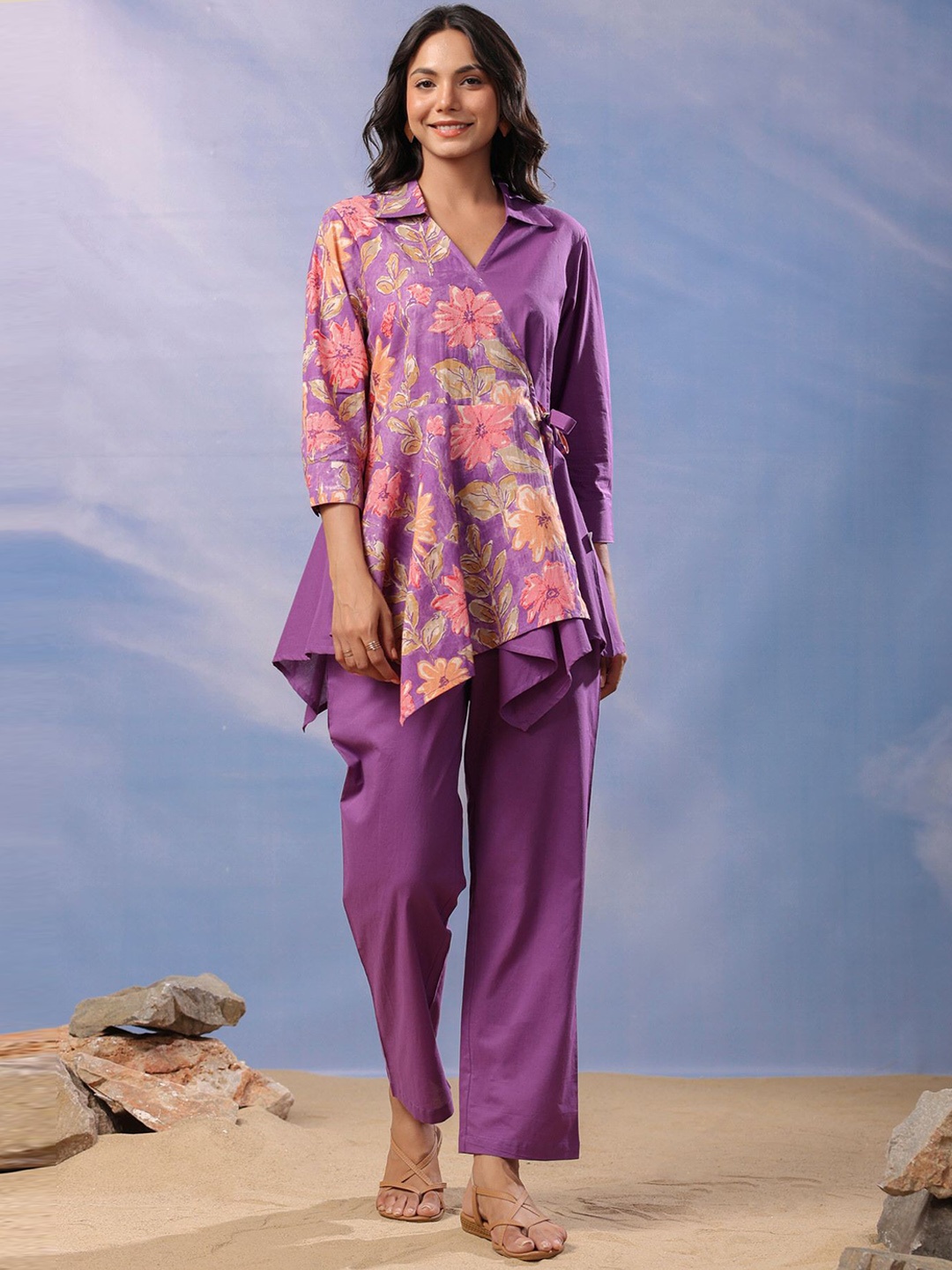 

JISORA Purple Floral Printed Tie-Up Detailed Pure Cotton Top With Trousers