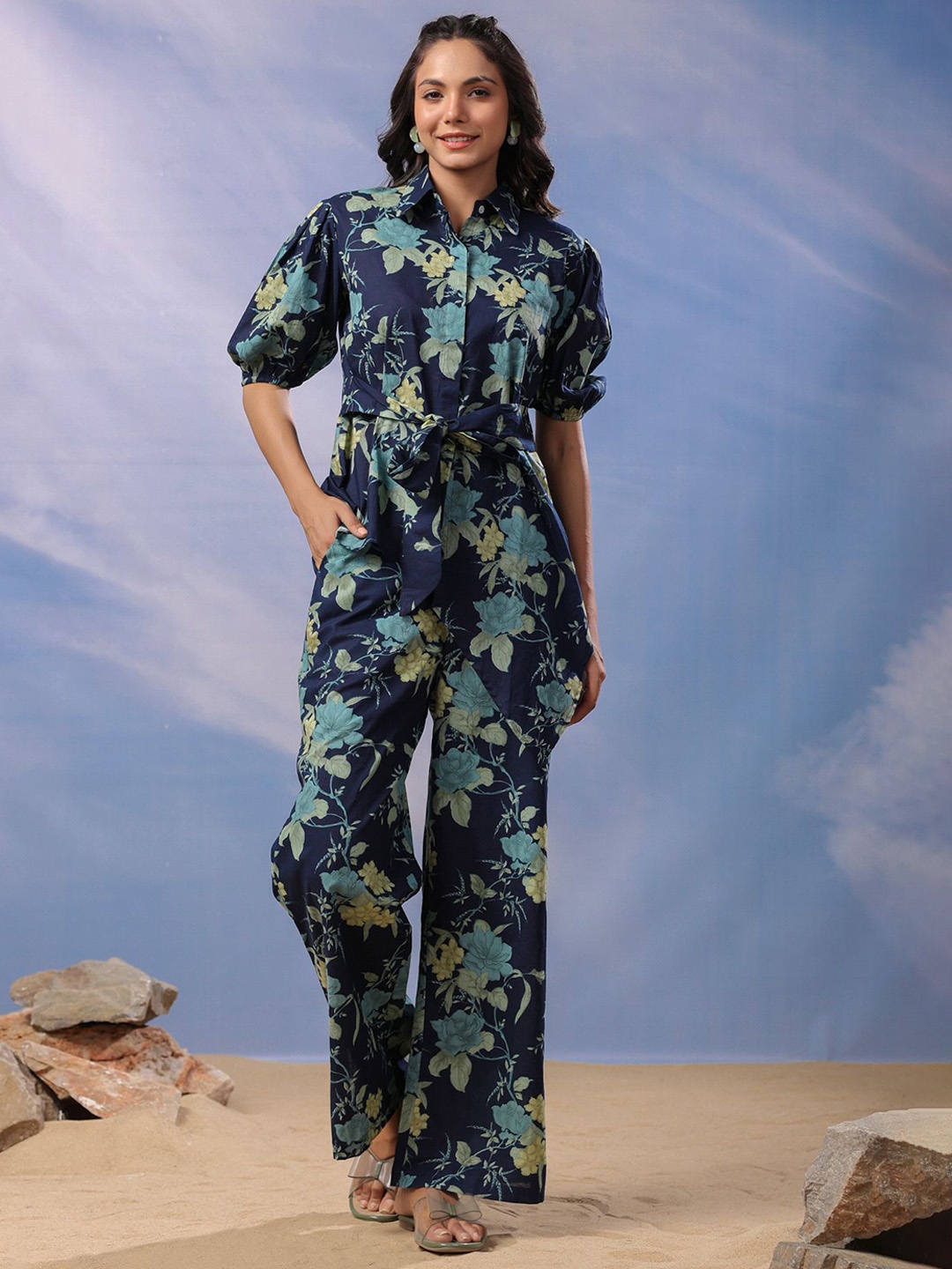 

JISORA Navy Blue Floral Printed Spread Collar Pure Cotton Shirt With Trousers