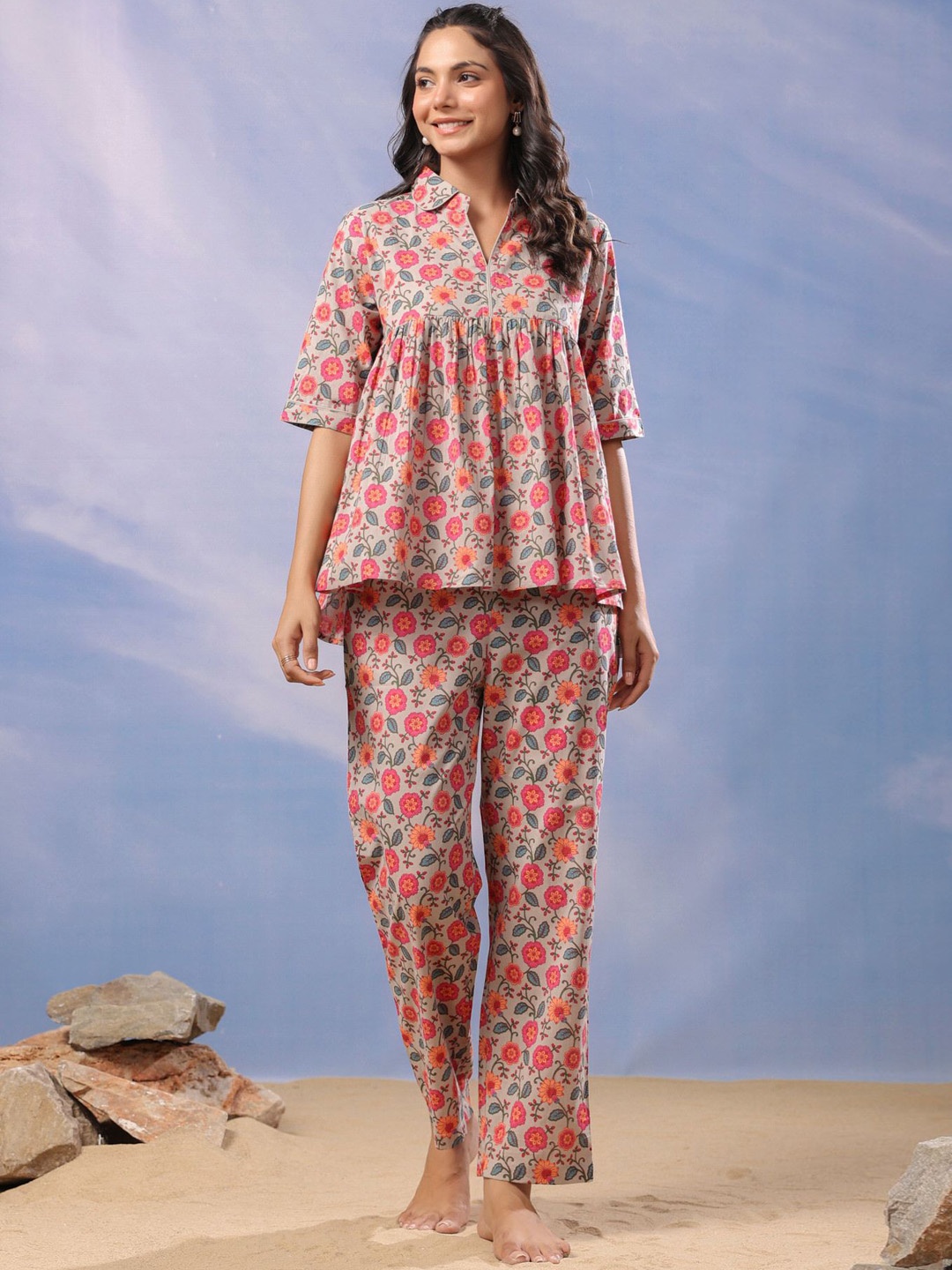 

JISORA Beige Floral Printed Shirt Collar Pure Cotton Top & Trousers Co-Ords