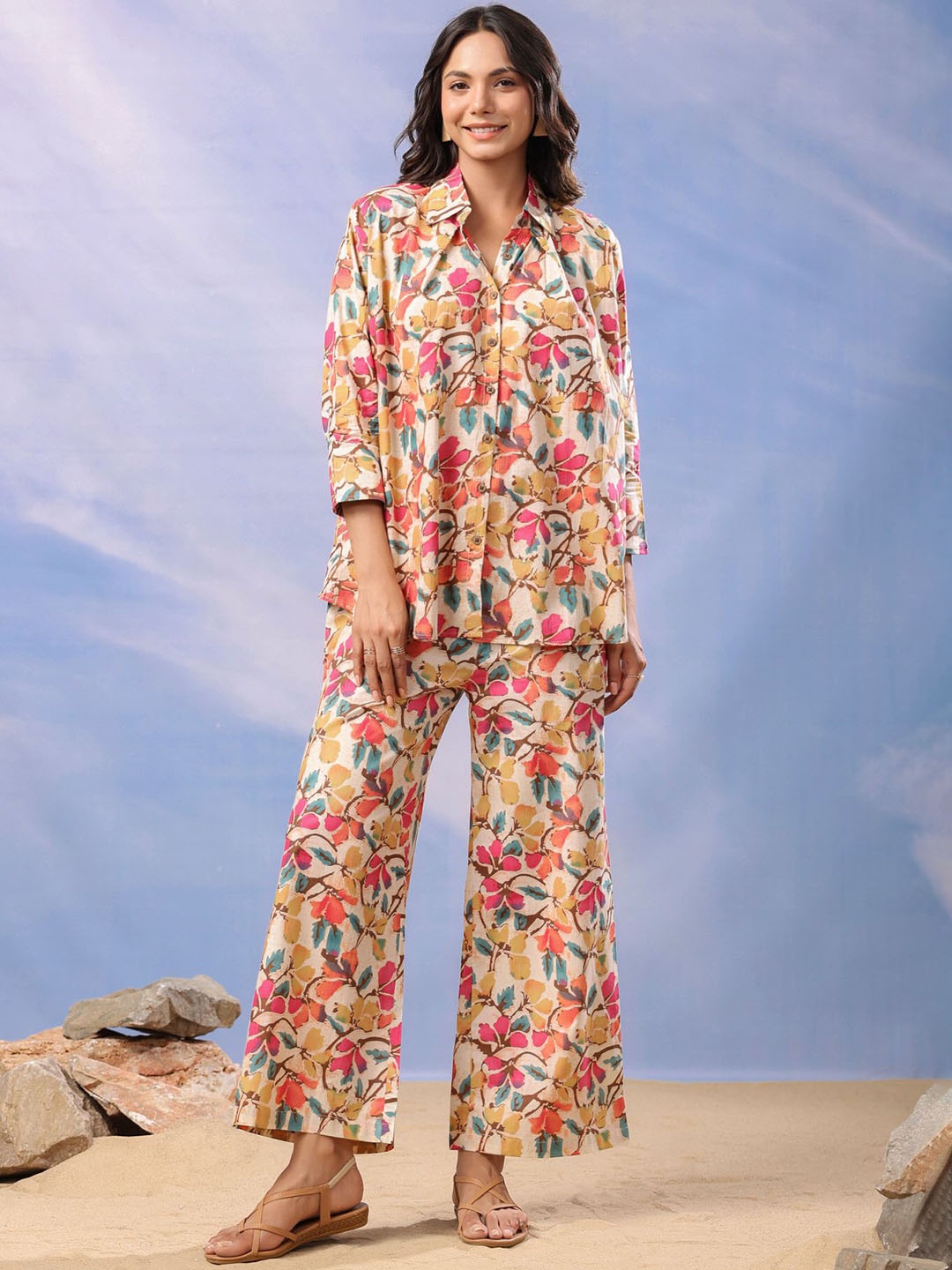 

JISORA Beige Floral Printed Shirt Collar Pure Cotton Top With Palazzos