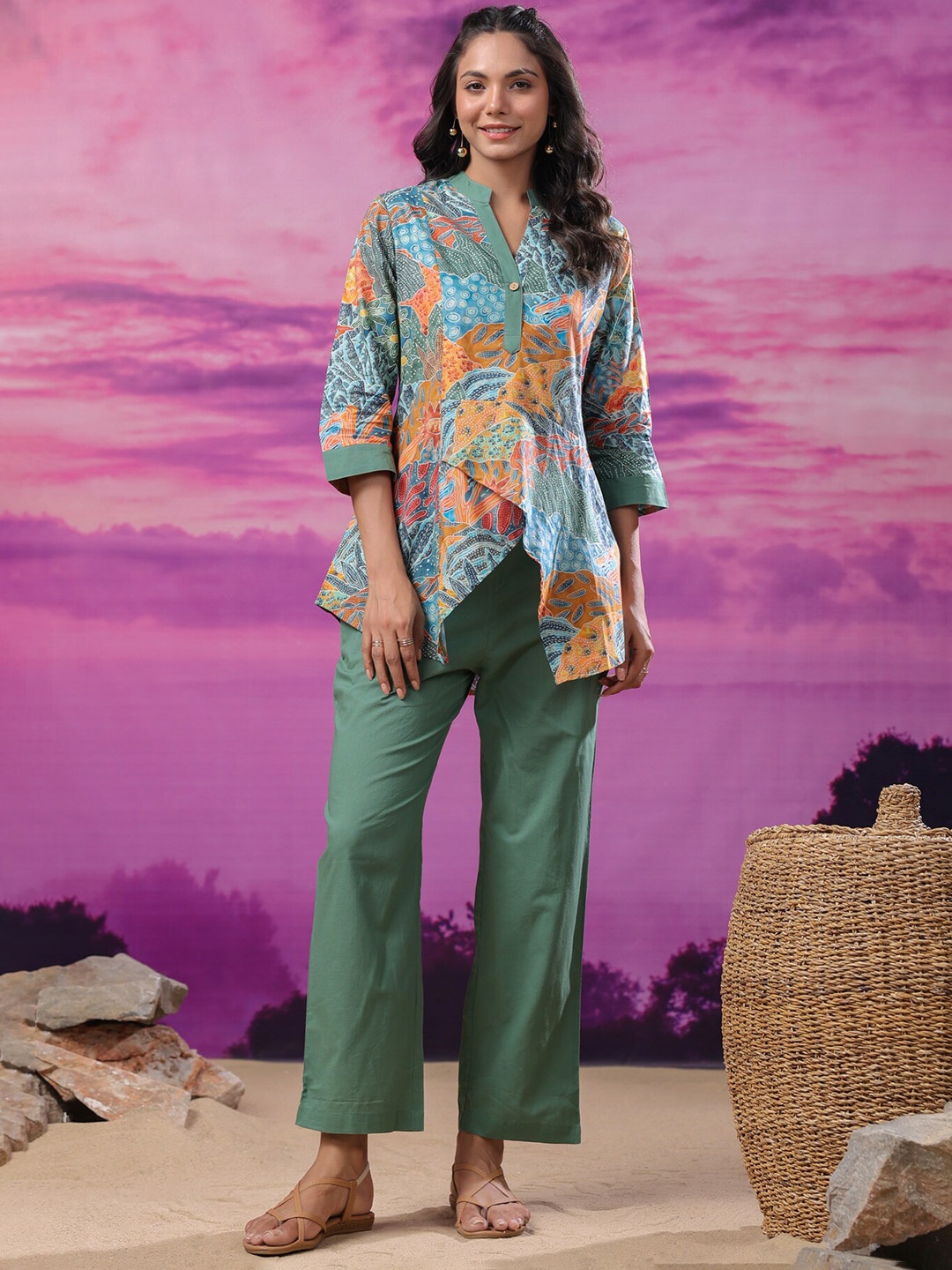 

JISORA Green Tropical Printed Mandarin Collar Pure Cotton Top With Trousers