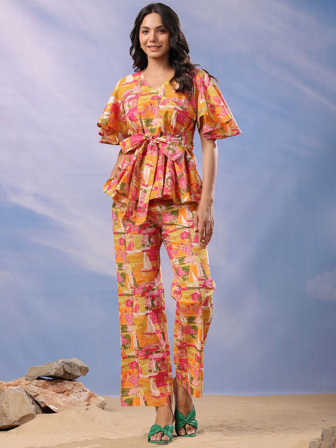 

JISORA Orange Abstract Printed V-Neck Tie-Up Detailed Pure Cotton Top With Trousers