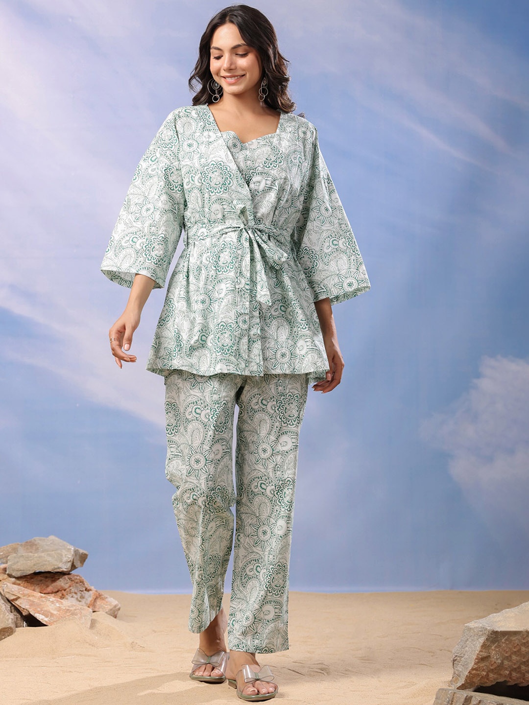 

JISORA Green Ethnic Printed Pure Cotton Top & Shrug With Trousers