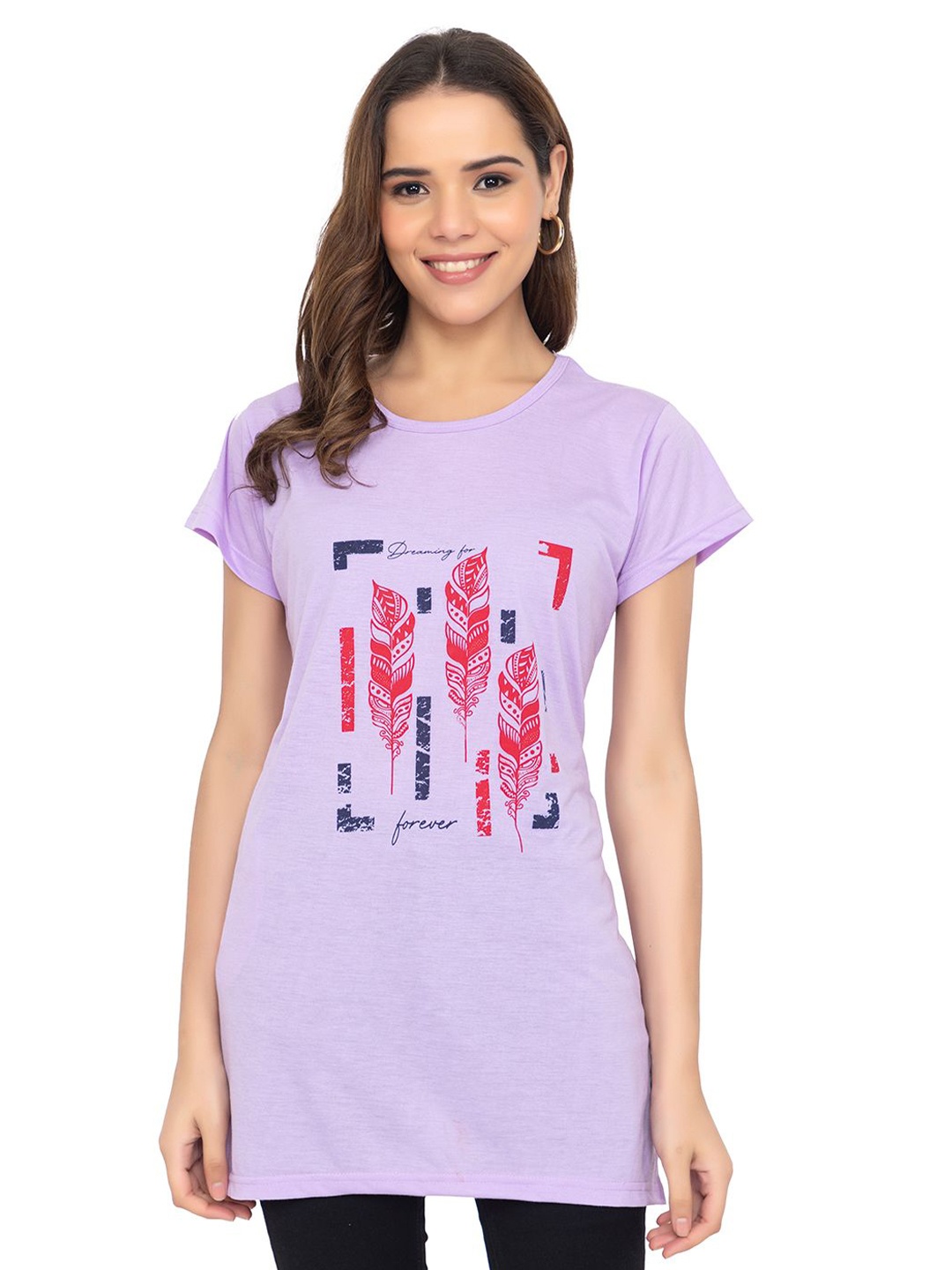 

TWENTY ME Women Printed Cotton Round Neck T-shirt, Mauve
