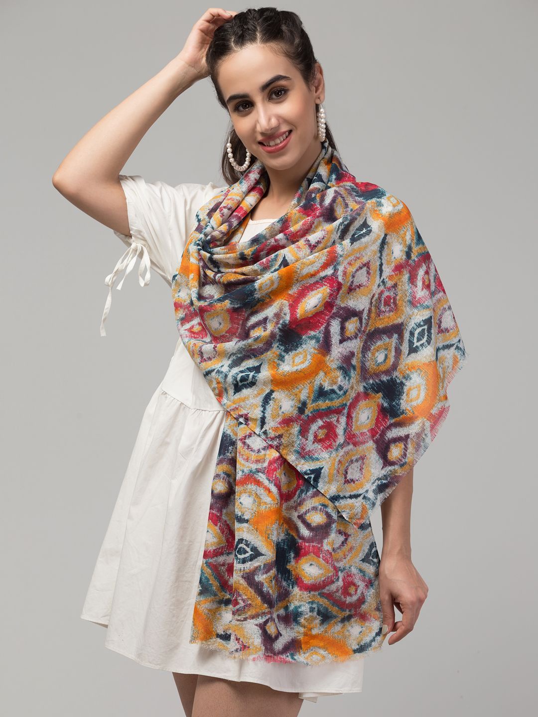 

J Style Abstract Printed Scarf, White