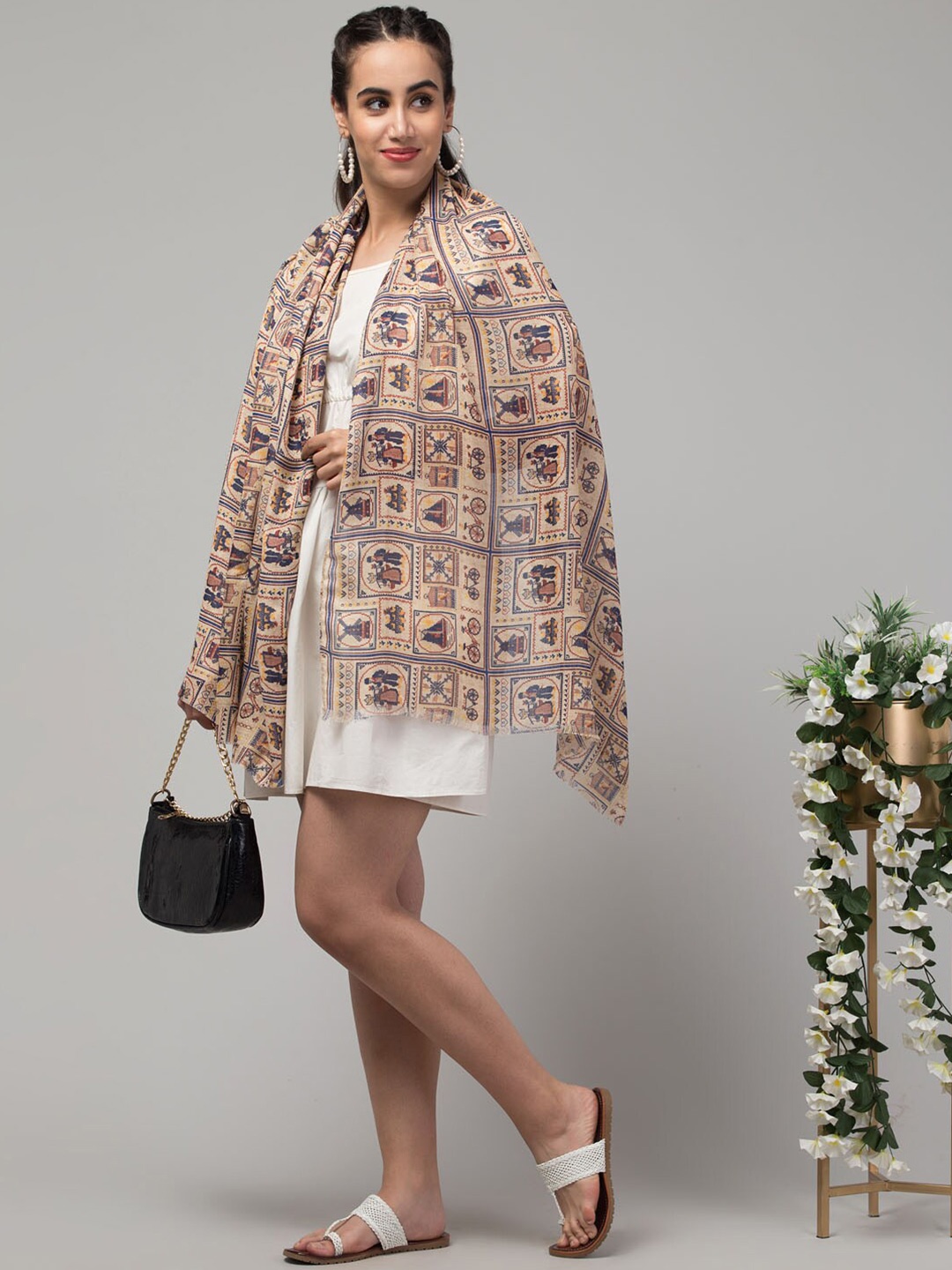 

J Style Ethnic Motifs Printed Scarf, Cream