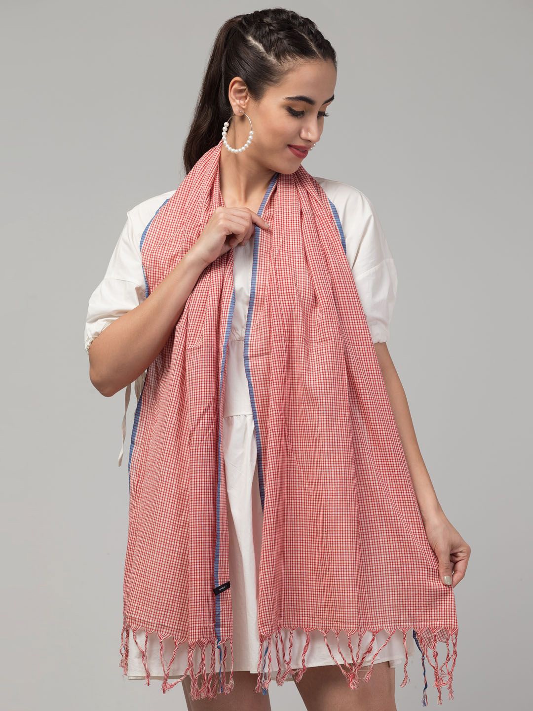 

J Style Checked Pure Cotton Scarf, Red