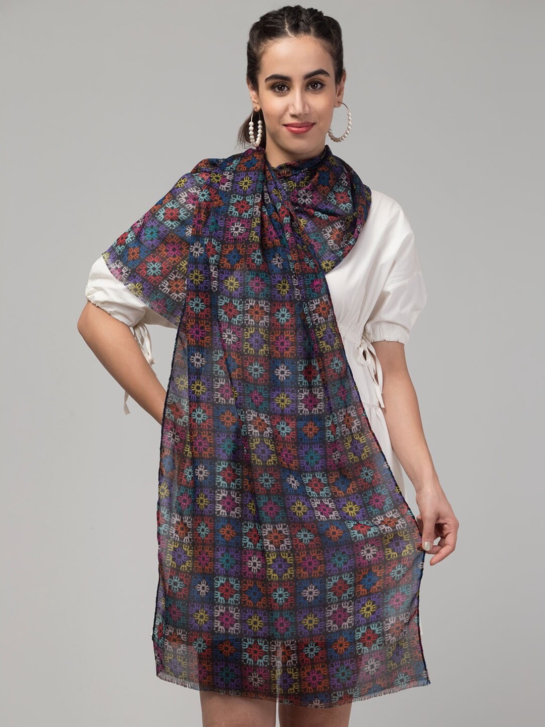 

J Style Geometric Printed Scarf, Black
