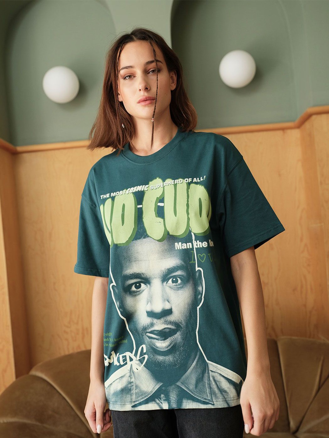 Bonkers Corner Women Printed Pockets T-shirt, Green