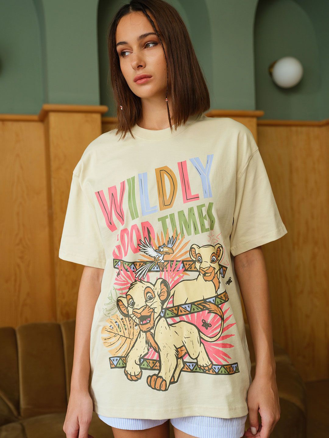 

Bonkers Corner Women Printed Extended Sleeves Applique T-shirt, Beige