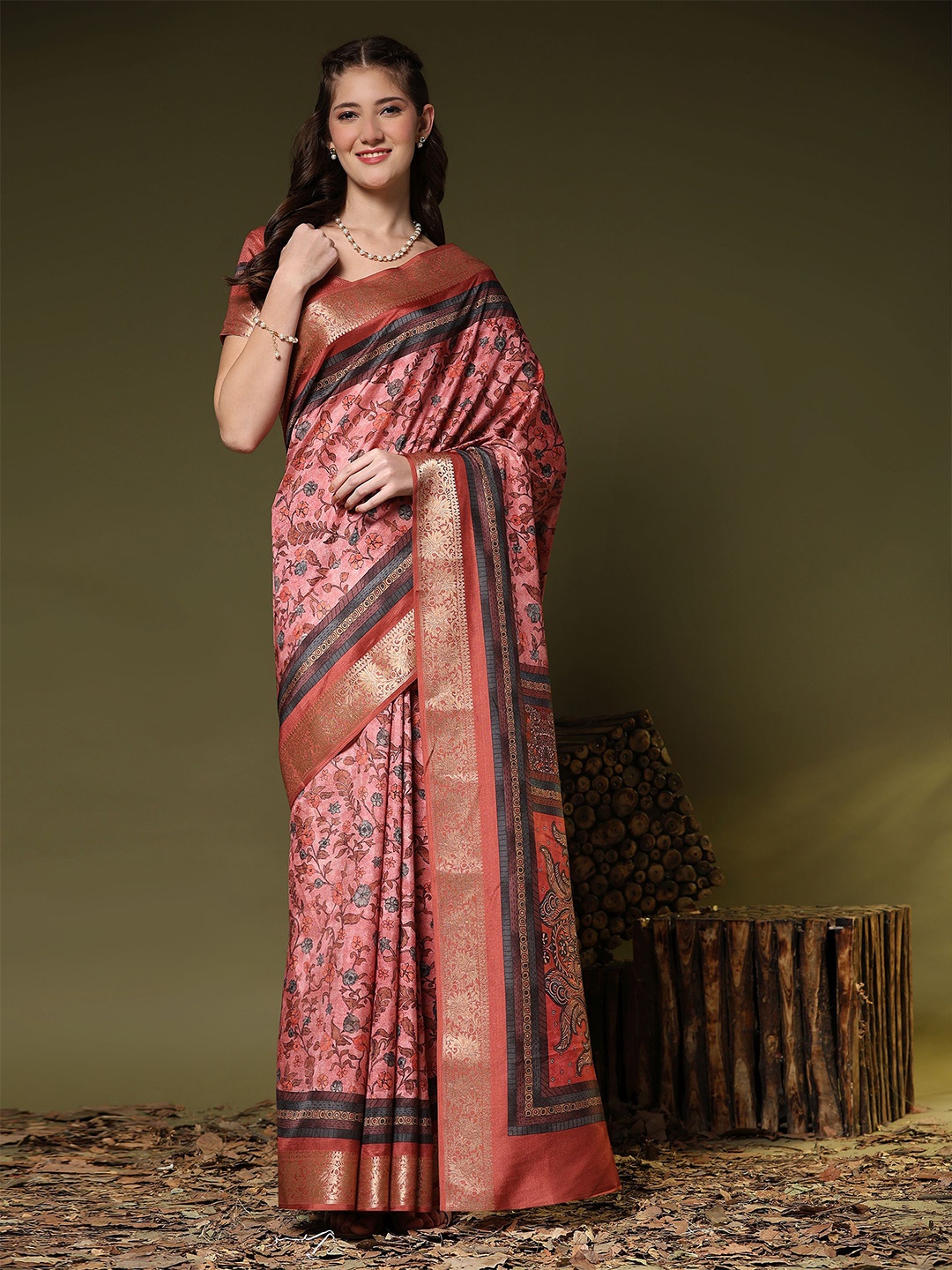

PRATIBIMB Ethnic Motifs Zari Pure Silk Saree, Pink