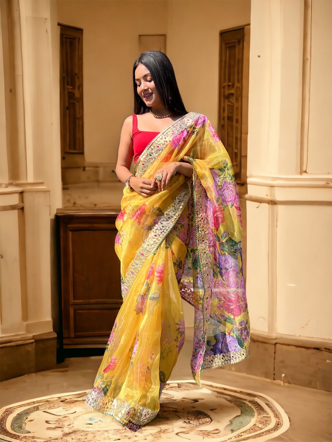 

VAMSEE Ethnic Motifs Gotta Patti Organza Saree, Yellow