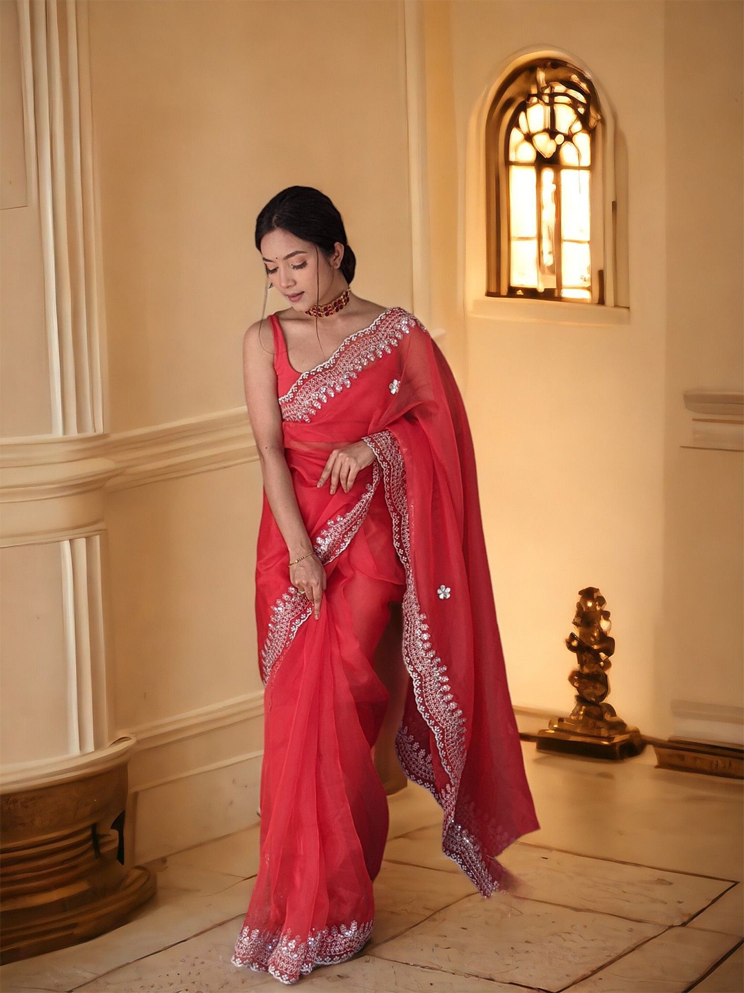 

VAMSEE Embellished Sequinned Organza Saree, Red