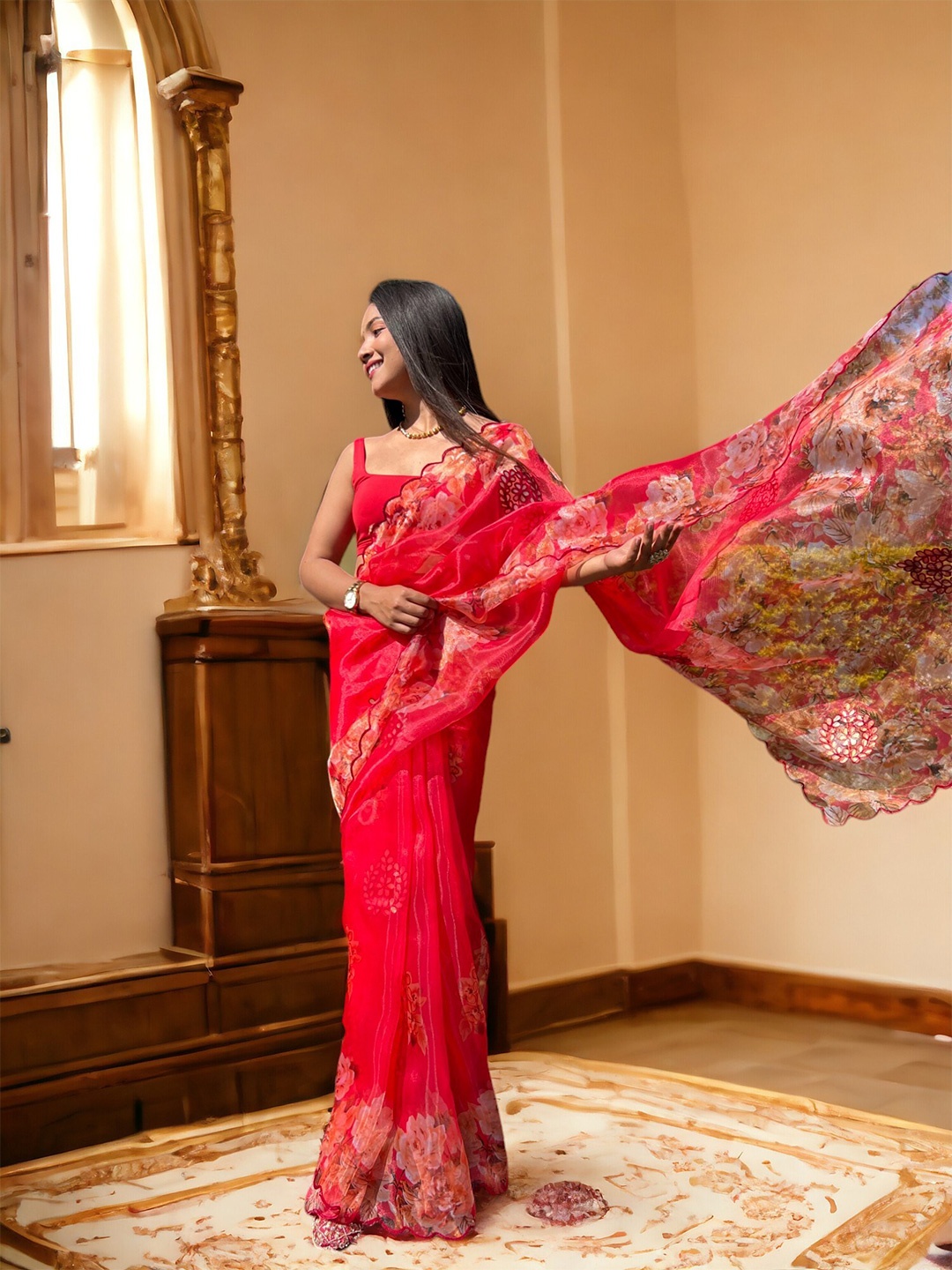 

VAMSEE Ethnic Motifs Embroidered Organza Saree, Pink
