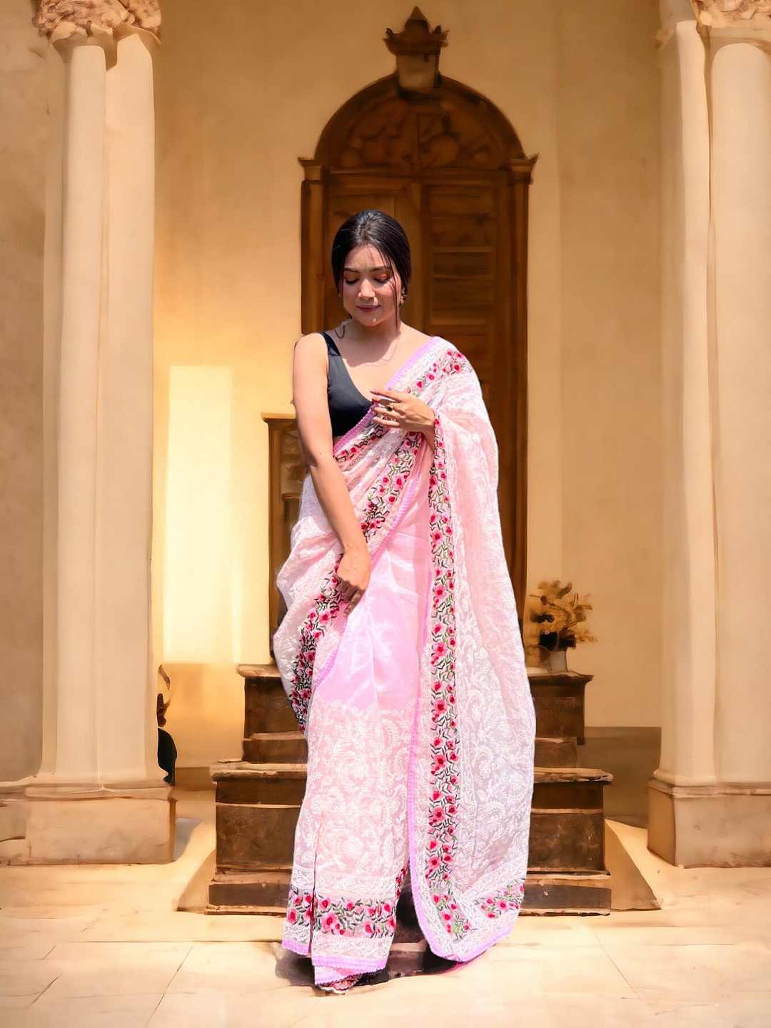 

VAMSEE Floral Embroidered Organza Saree, Pink