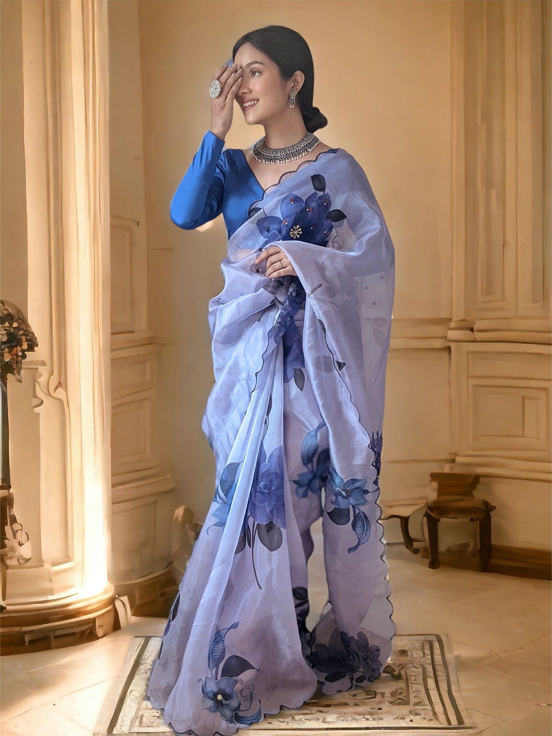 

VAMSEE Ethnic Motifs Beads and Stones Organza Saree, Blue
