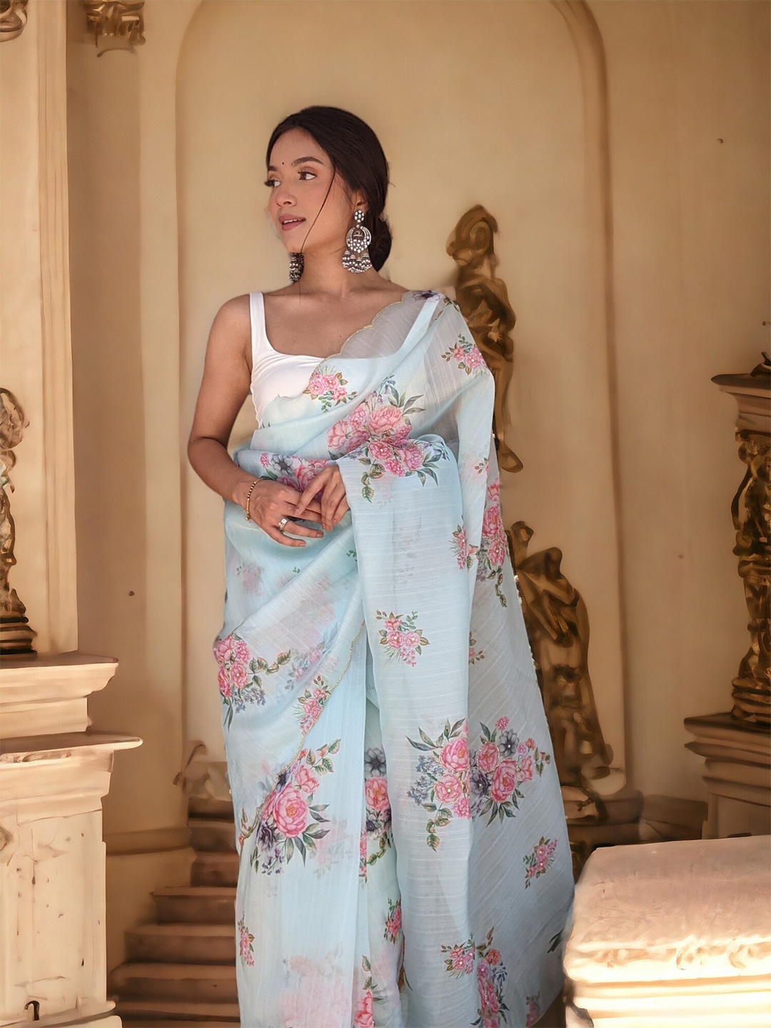

VAMSEE Ethnic Motifs Beads and Stones Organza Saree, Sea green