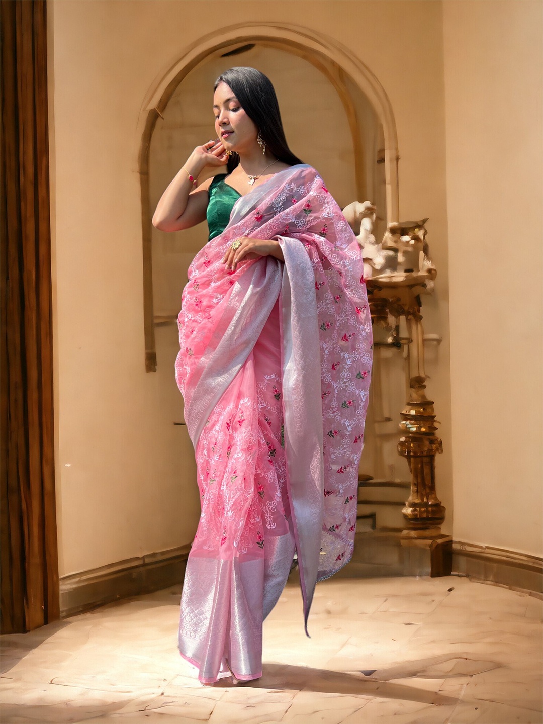 

VAMSEE Floral Zari Organza Saree, Pink