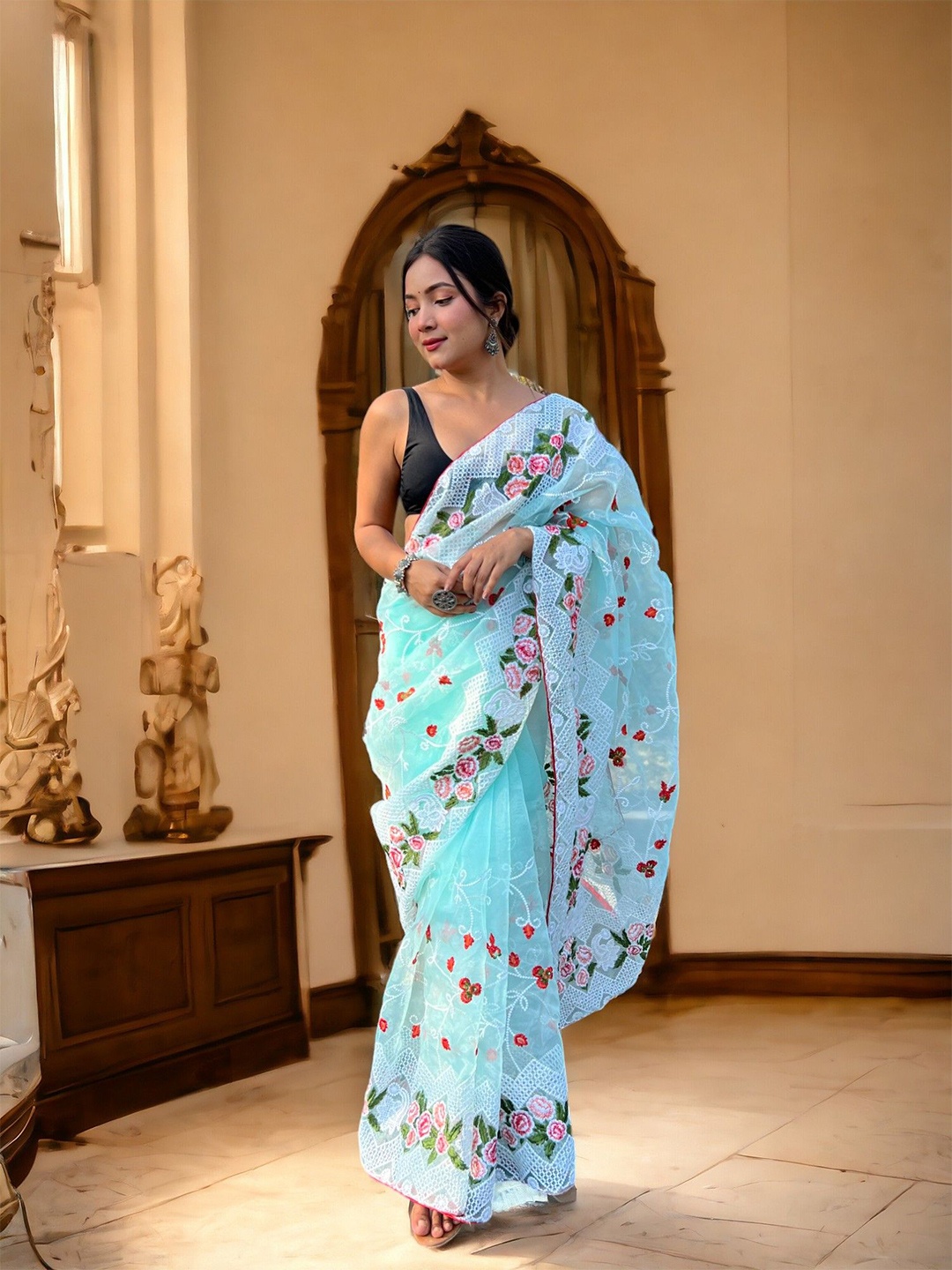 VAMSEE Floral Embroidered Organza Saree, Blue