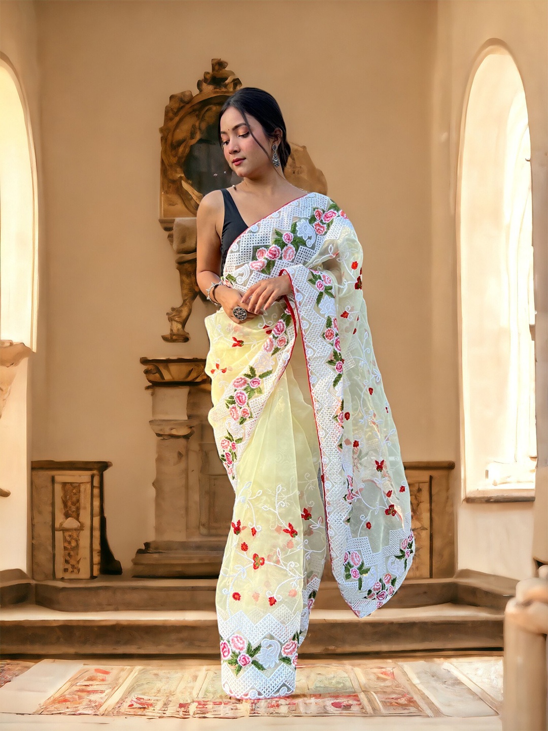 

VAMSEE Floral Embroidered Organza Saree, Yellow