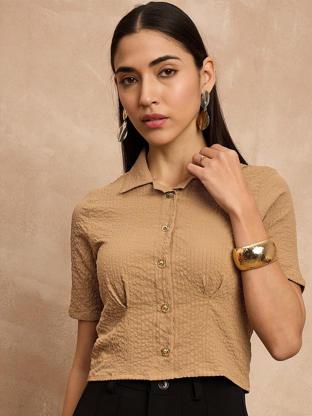 

all about you Camel Brown Self Design Stretchable Slim & Fit Solid Crop Shirt