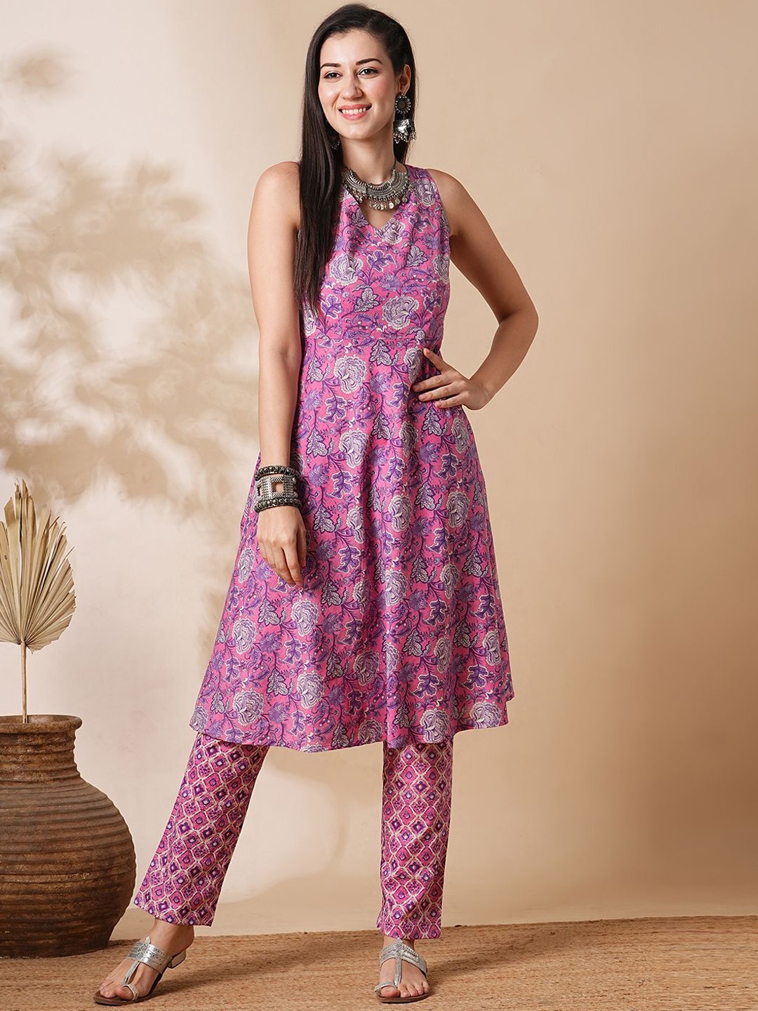 

Globus Pink Floral Printed Regular Pure Cotton A-Line Kurta with Trousers