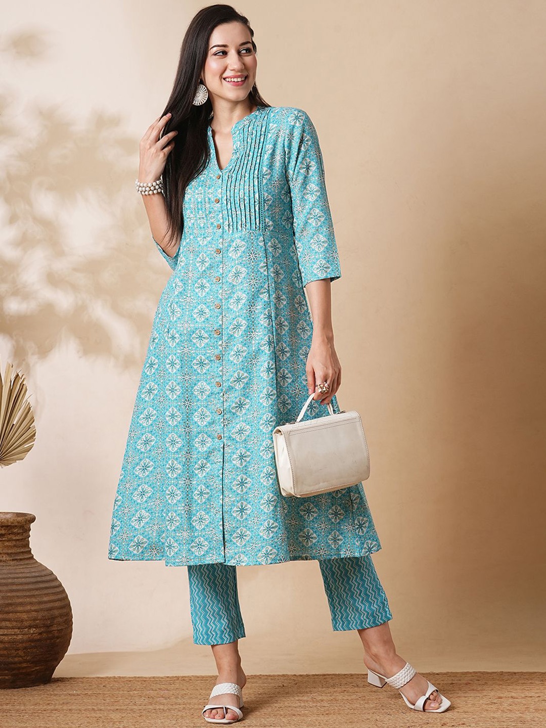 

Globus Blue Floral Printed Mandarin Collar Pleated A-Line Kurta with Trousers