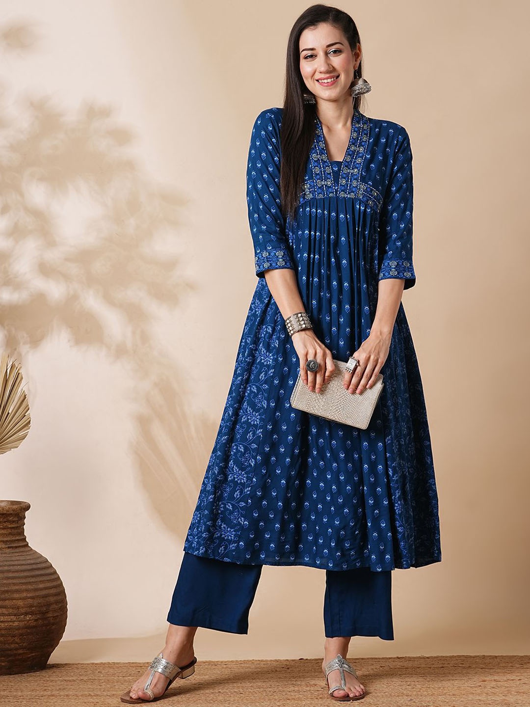 

Globus Allover Printed Pleated & Panelled A-Line Kurta With Narrow Pants Workwear Set, Blue