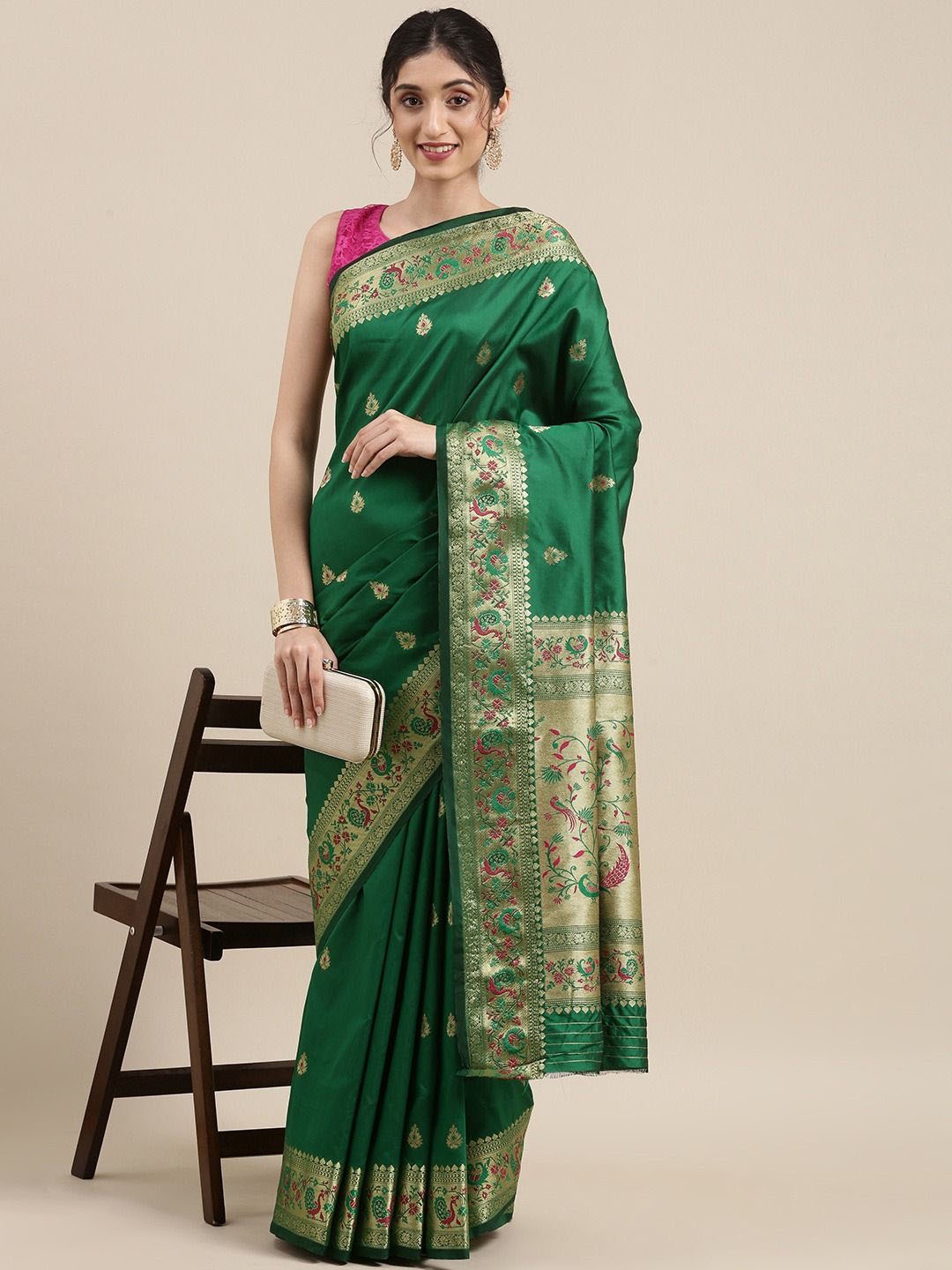 

LeeliPeeri Designer Ethnic Motifs Woven Design Zari Paithani Saree, Green