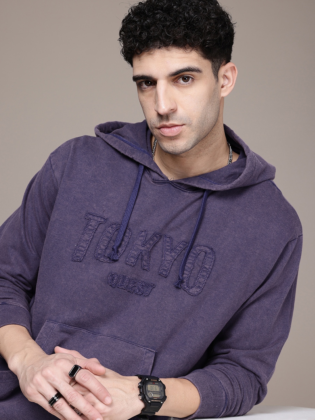 

The Roadster Life Co. Pure Cotton Applique Relaxed Fit Hooded Sweatshirt, Blue