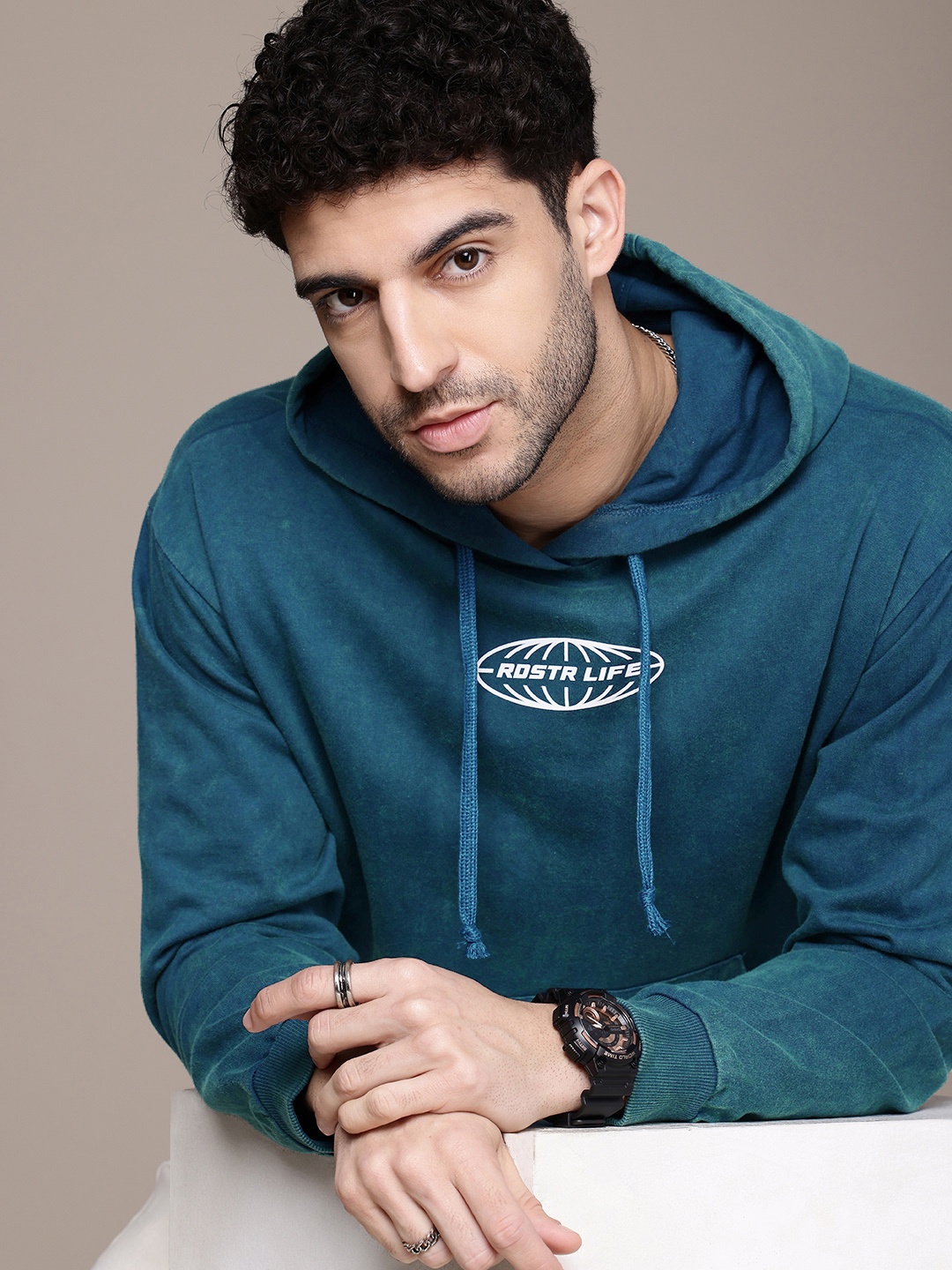 

The Roadster Life Co. Printed Washed Effect Hooded Pure Cotton Relaxed Fit Sweatshirt, Teal