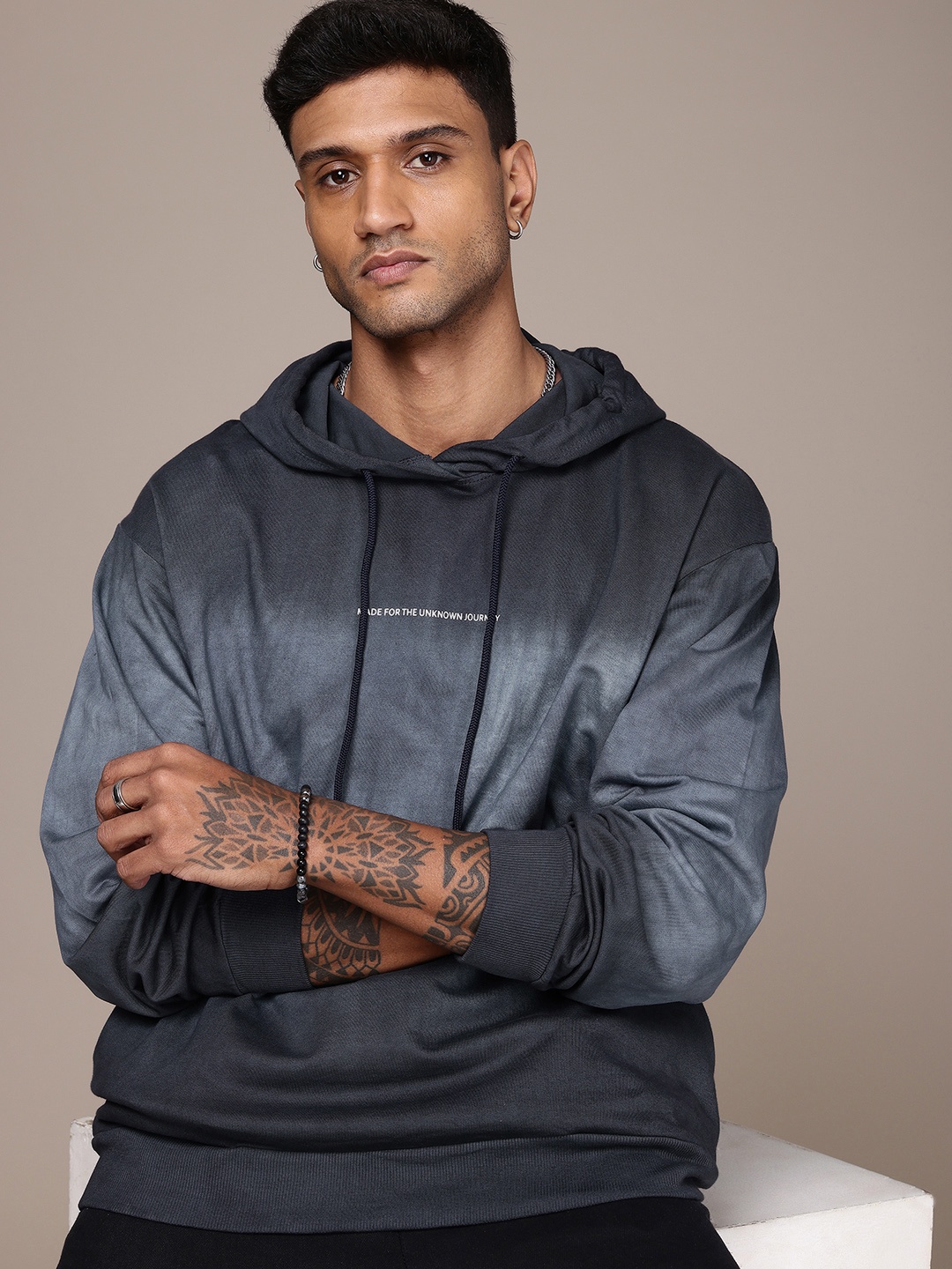 

The Roadster Life Co. Dyed Hooded Relaxed Fit Pure Cotton Sweatshirt, Grey