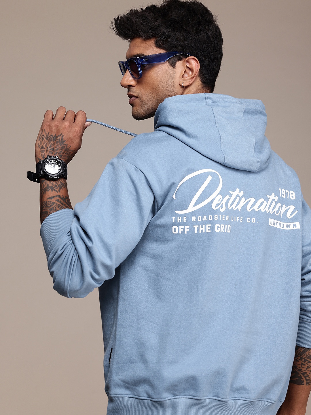 

The Roadster Life Co. Typography Printed Relaxed Fit Hooded Sweatshirt, Blue