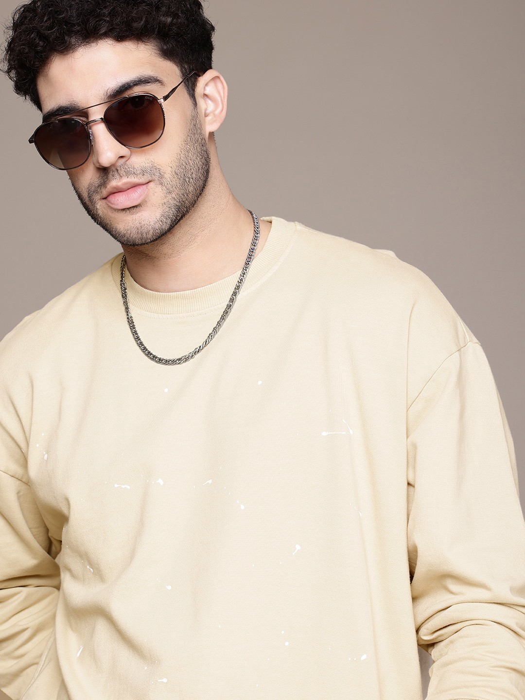 

The Roadster Life Co. Printed Pure Cotton Oversized Sweatshirt, Beige