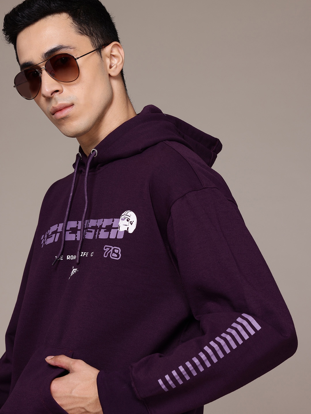 

The Roadster Lifestyle Co. Printed Hooded Relaxed Sweatshirt, Purple