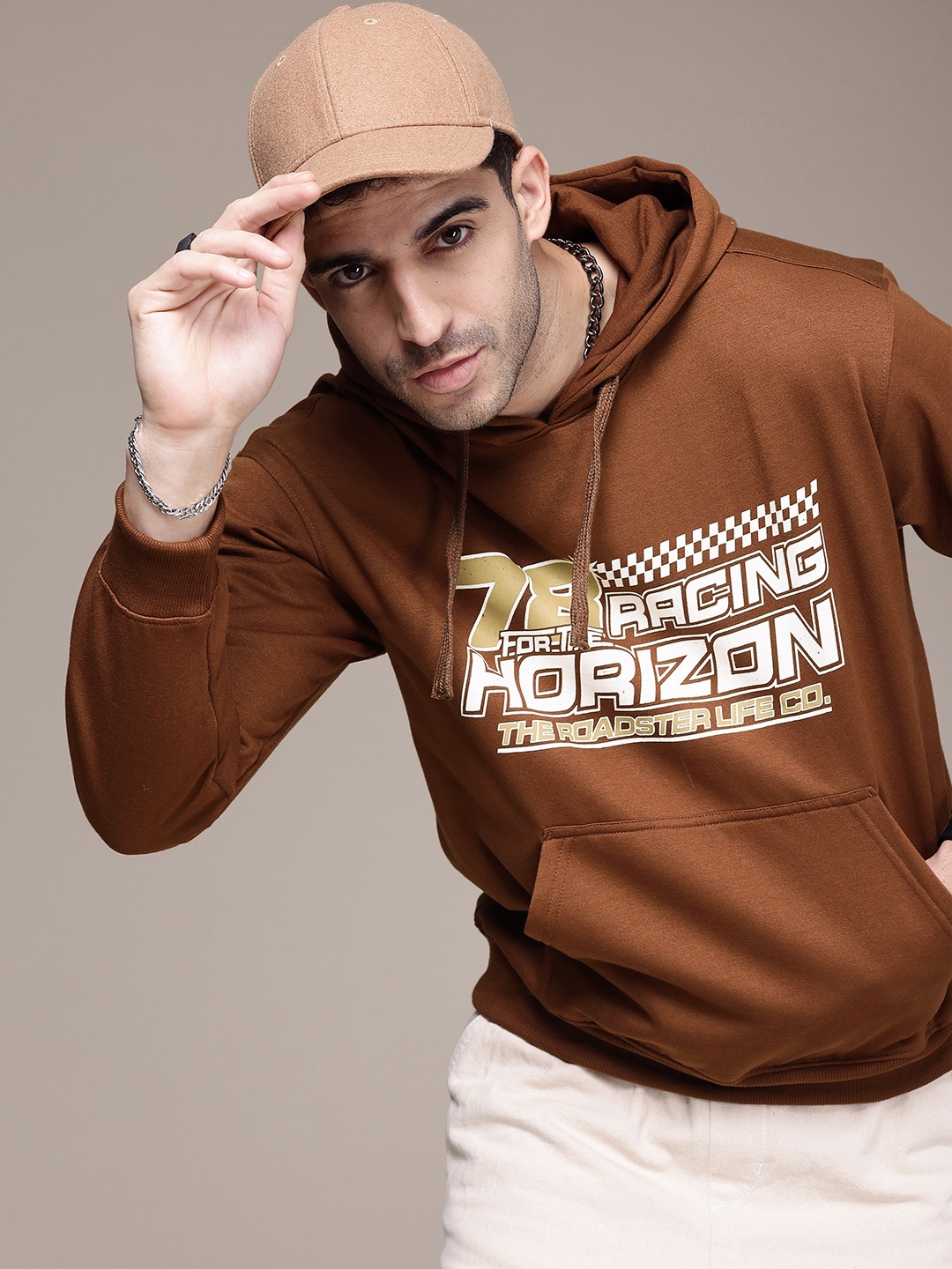 

The Roadster Life Co. Typography Printed Relaxed Fit Hooded Sweatshirt, Brown