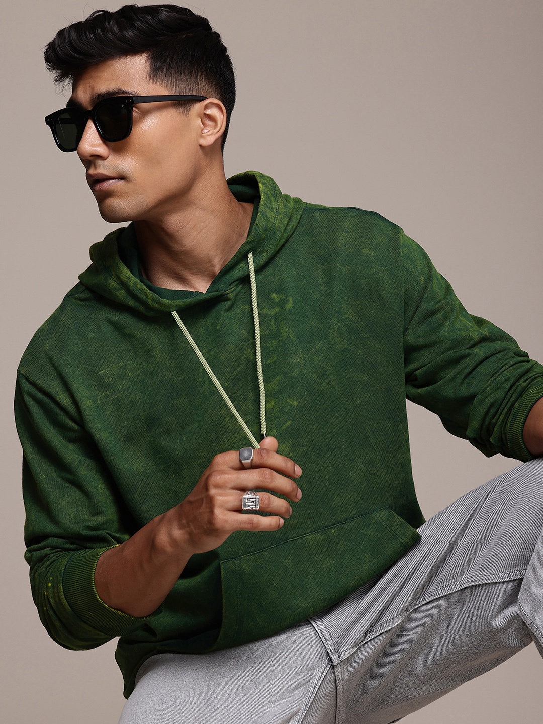

The Roadster Life Co. Hooded Relaxed Fit Pure Cotton Sweatshirt, Green