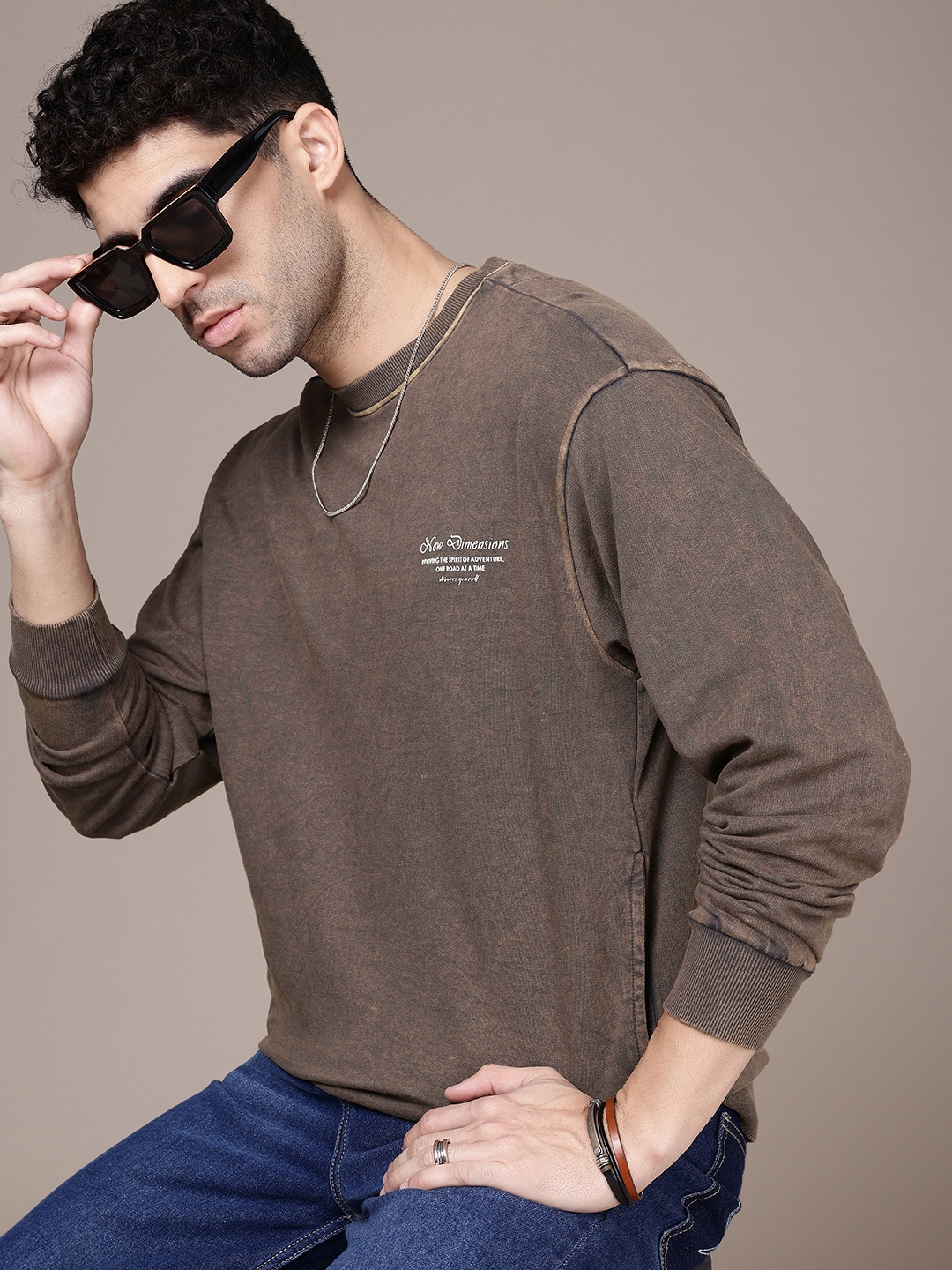 

The Roadster Life Co. Round Neck Pure Cotton Relaxed Fit Sweatshirt, Brown