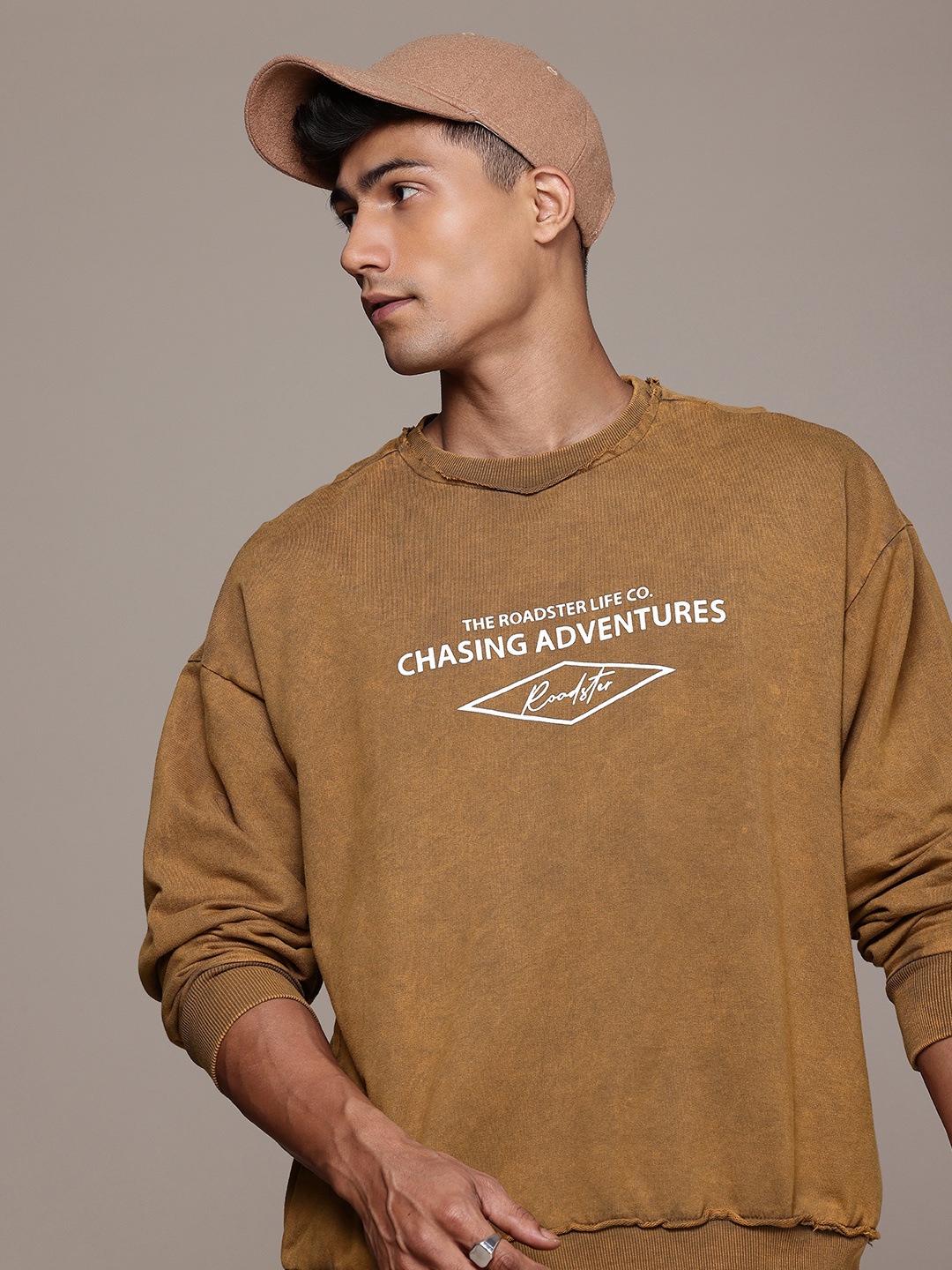 

The Roadster Life Co. Oversized Fit Typography Printed Pure Cotton Sweatshirt, Camel brown